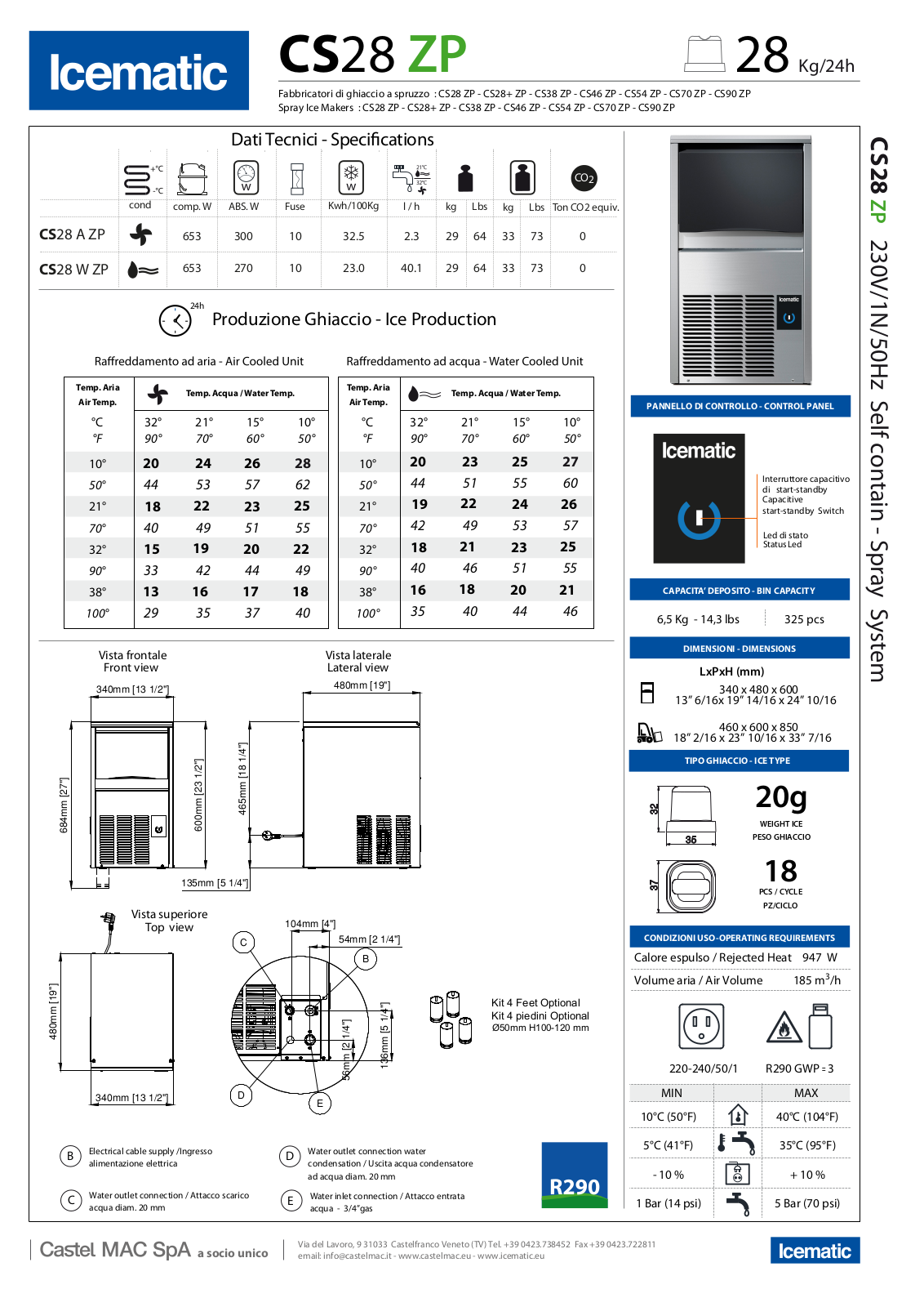 Icematic CS28 ZP, CS38 ZP, CS46 ZP, CS54 ZP, CS70 ZP Datasheet