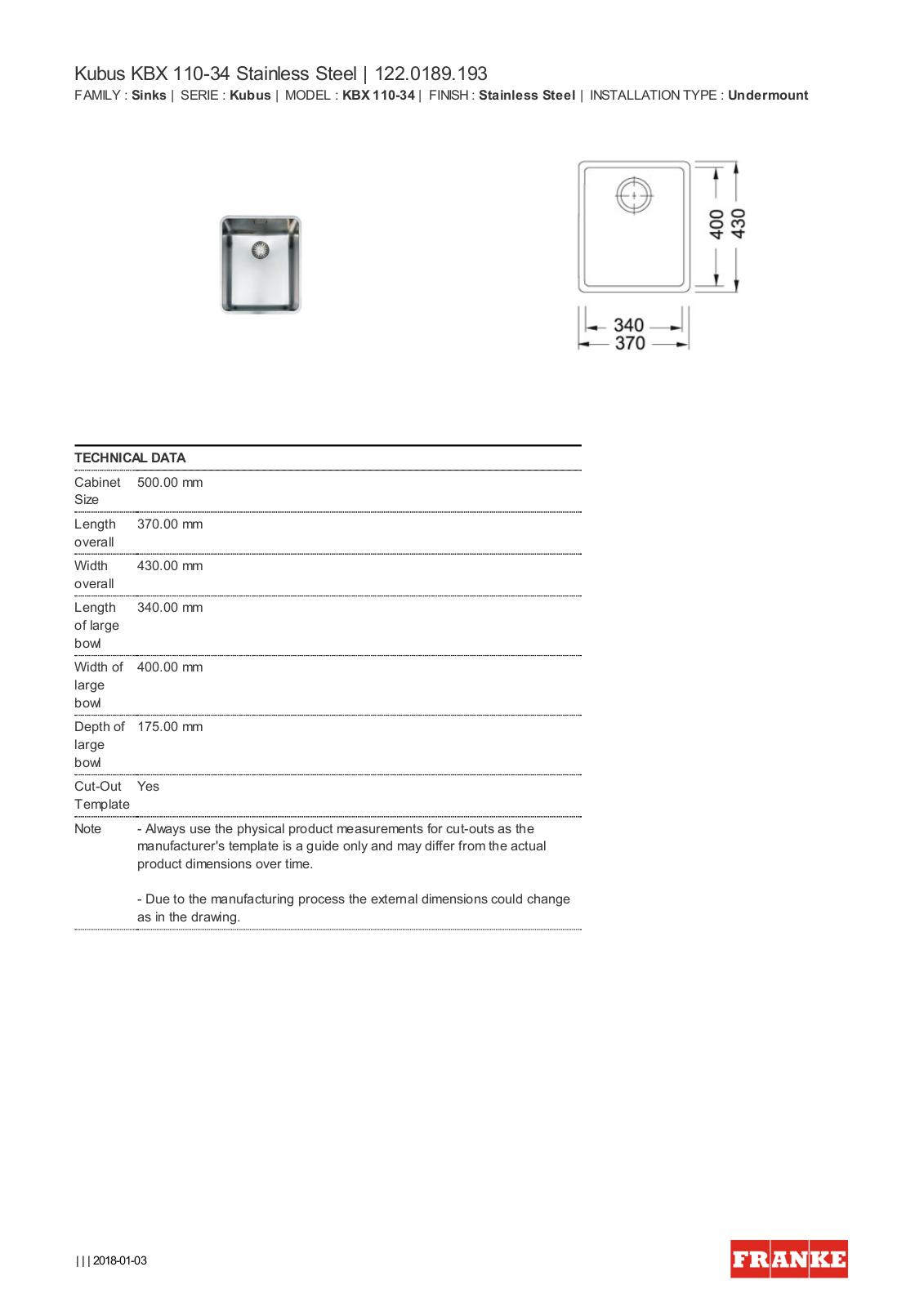 Franke KBX110-34HW, KBX110-34OF, KBX110-34HWB, KBX110-34OFB Datasheet