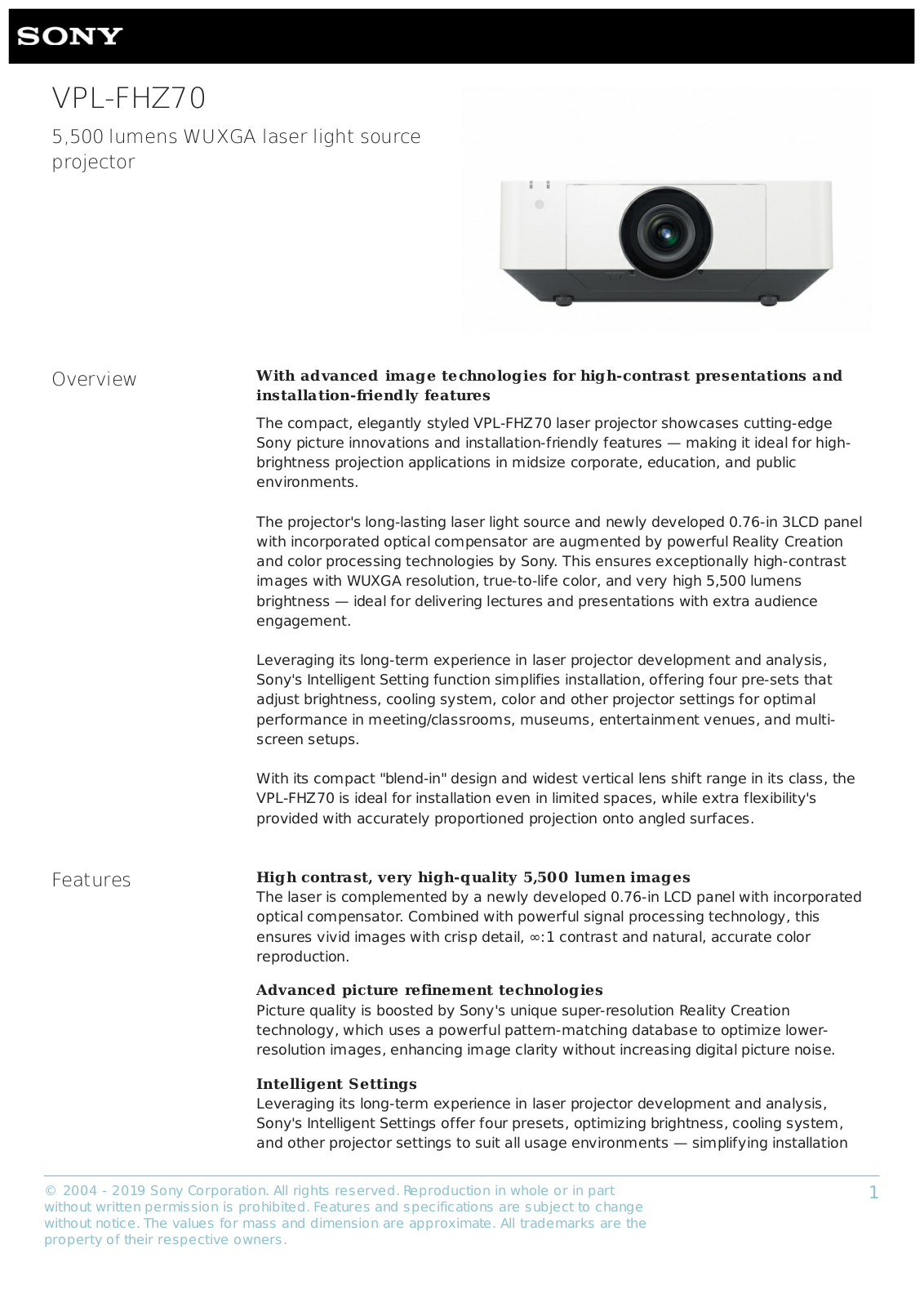 Sony VPL-FHZ70B, VPL-FHZ70W Product Sheet