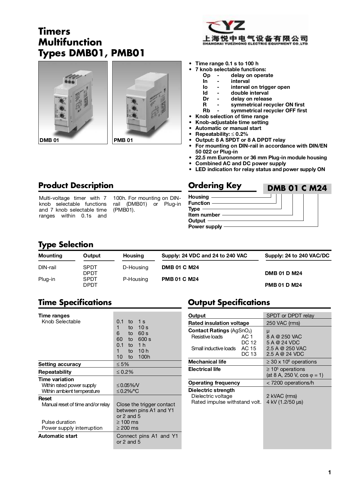 YZ DMB01, PMB01 Technical data