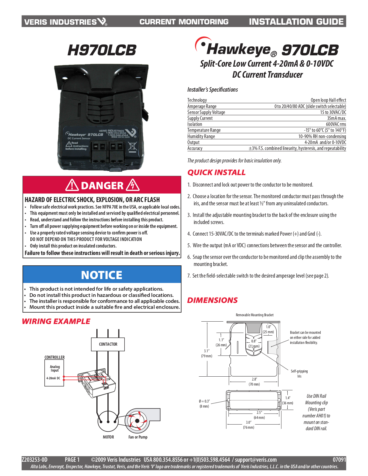 Veris H970LCB Installation Instructions