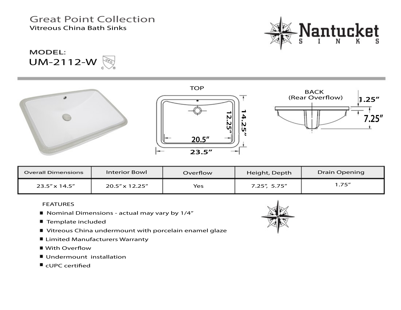 Nantucket UM2112W Specifications