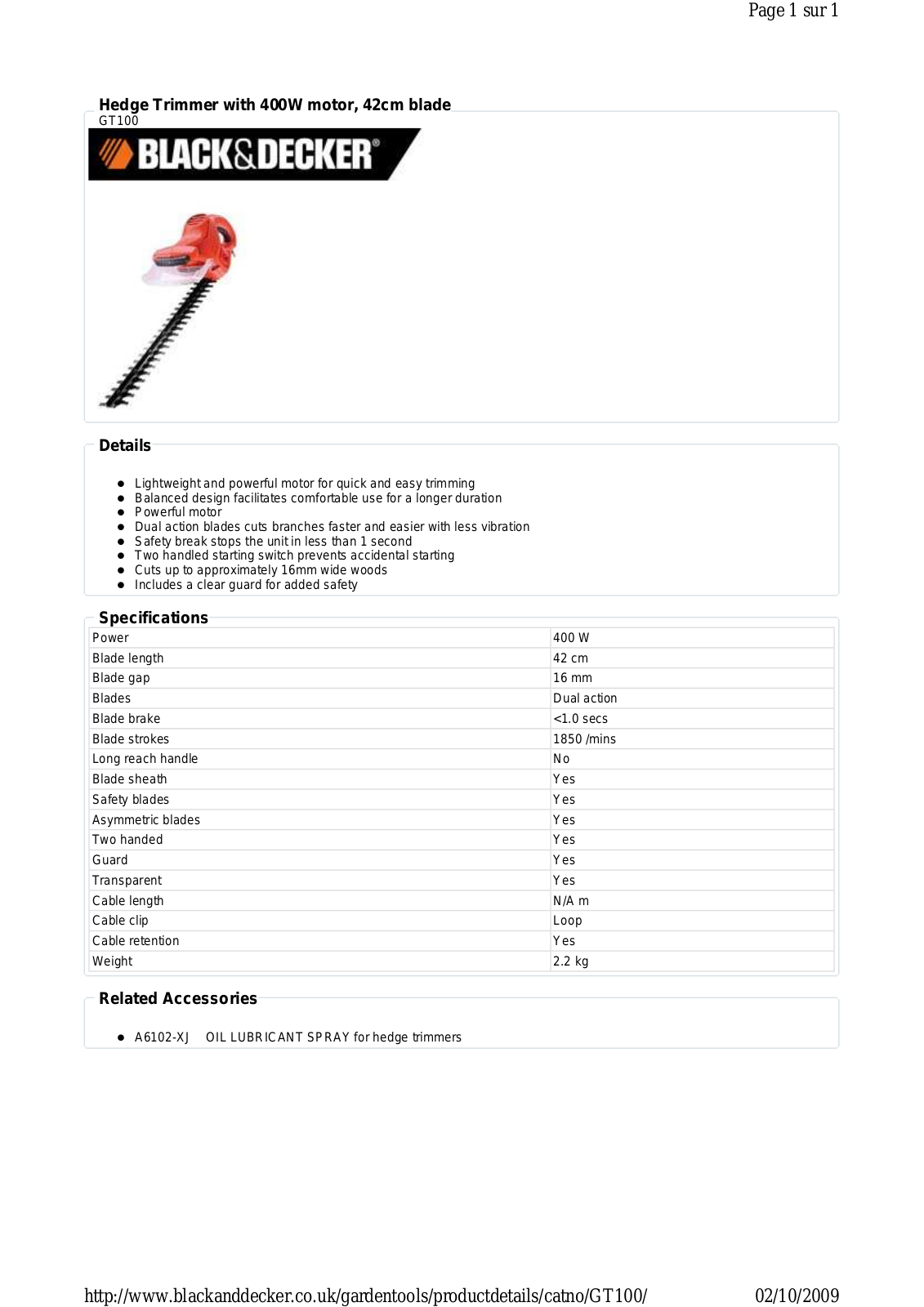 Black & decker GT100 DATASHEET