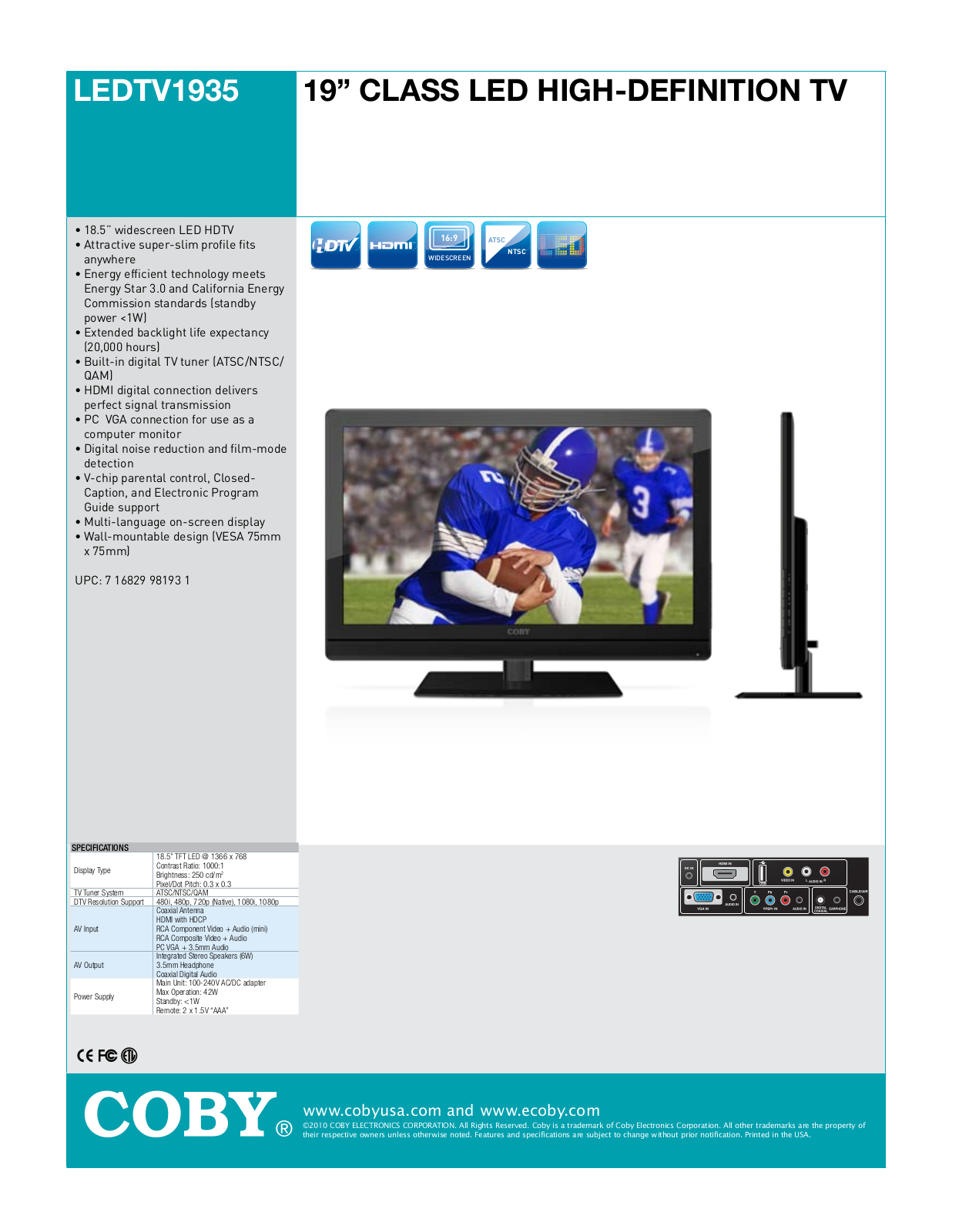 Coby LEDTV1935 Specifications