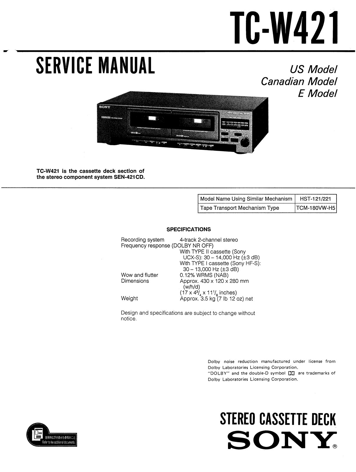 Sony TCW-421 Service manual