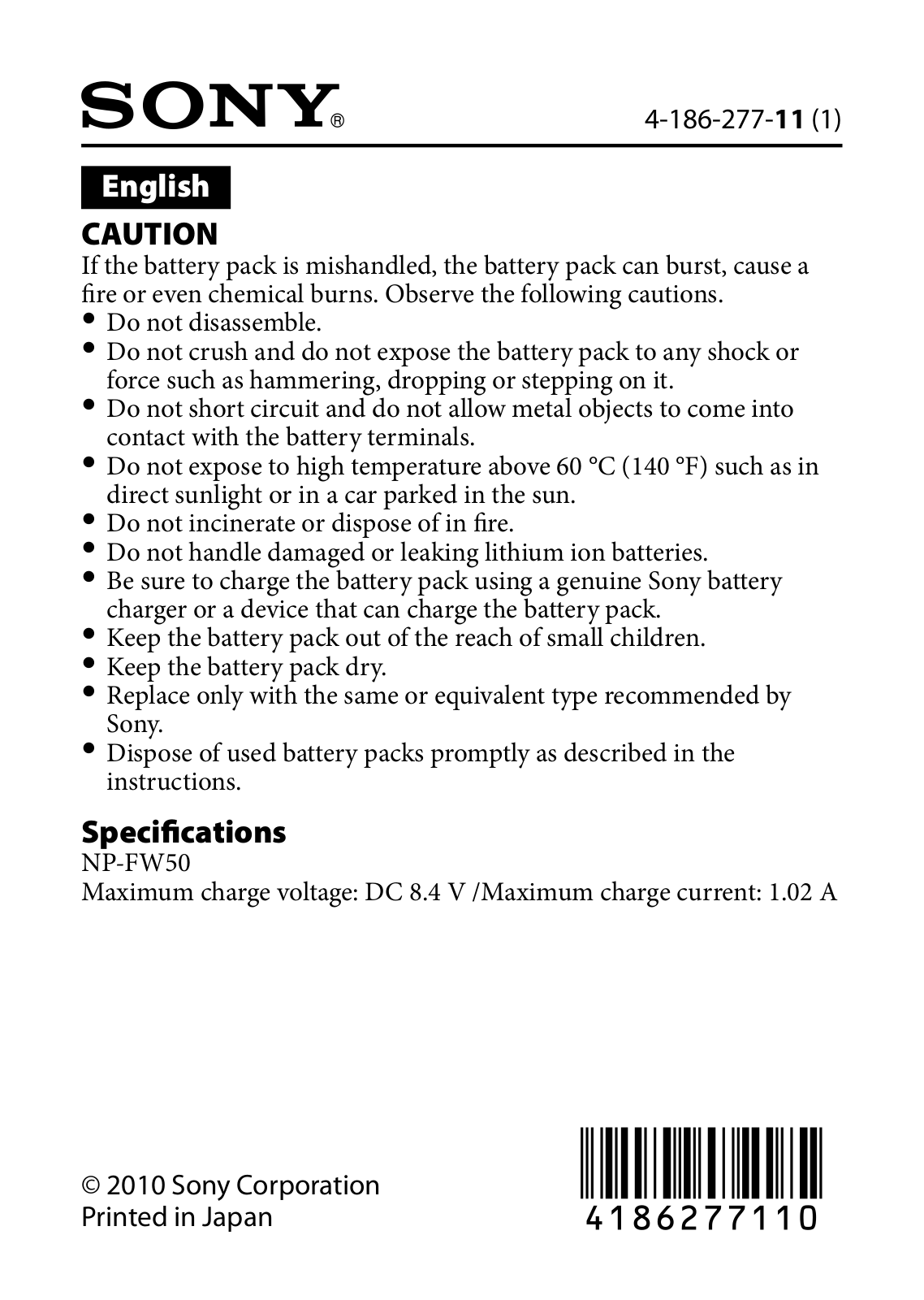 Sony NP-FW50, ACC-HDFW Cautions