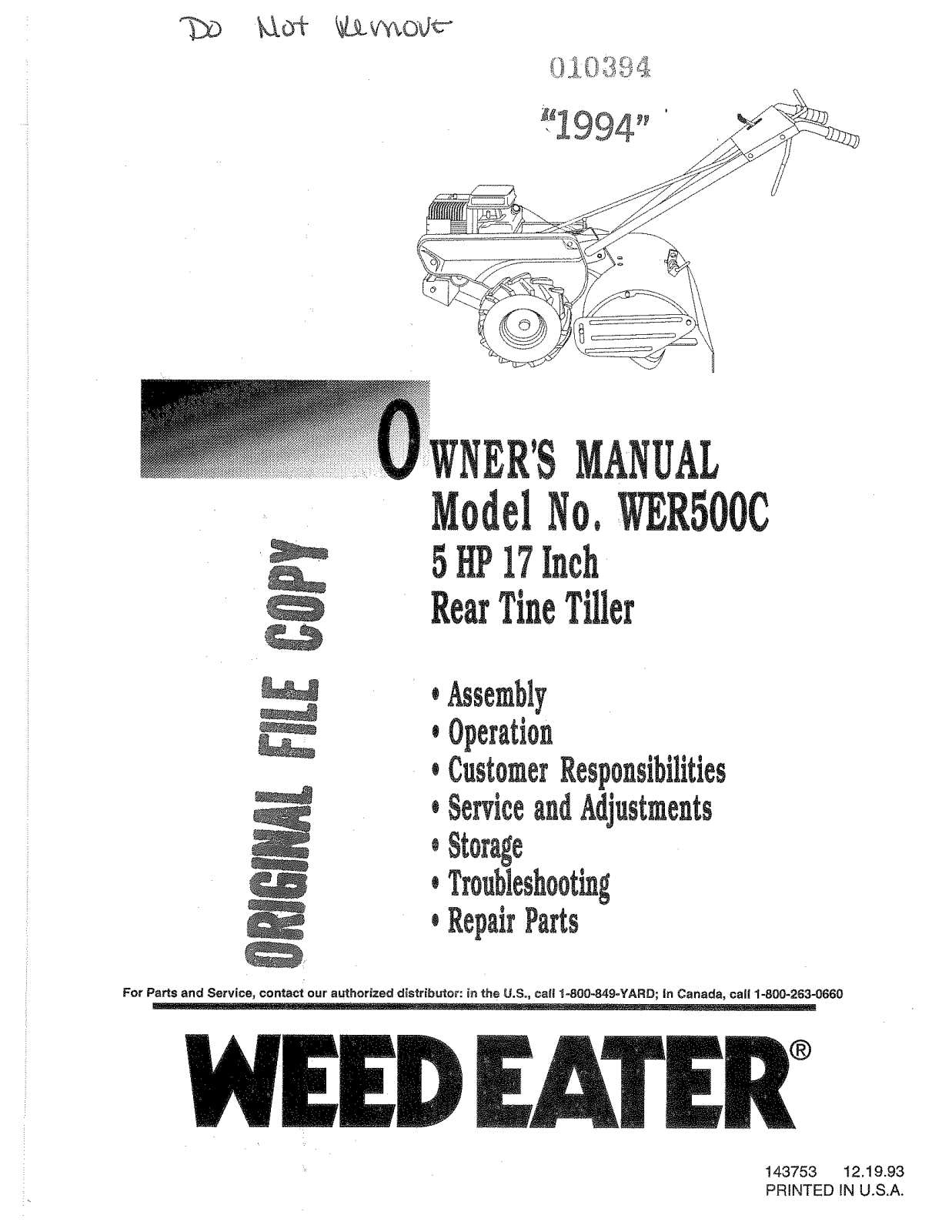 Weed Eater 143753, WER500C, 10394 User Manual