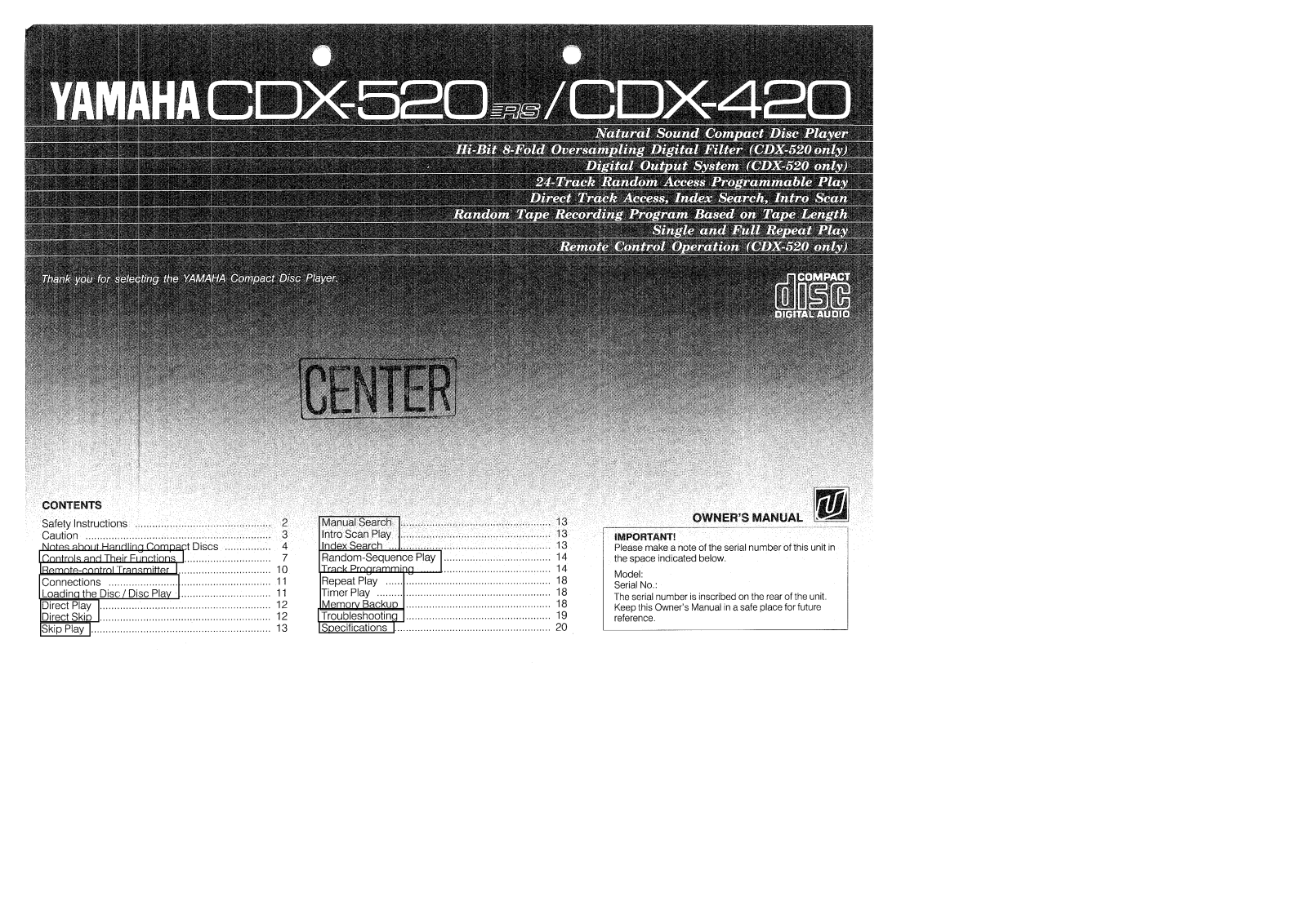 Yamaha CDX-420, CDX-520, CDX-520RS Owner Manual