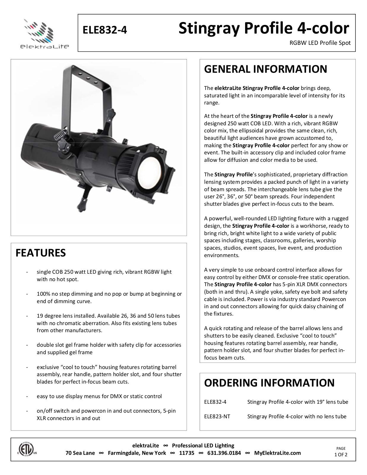 elektraLite ELE832‐4 Data Sheet