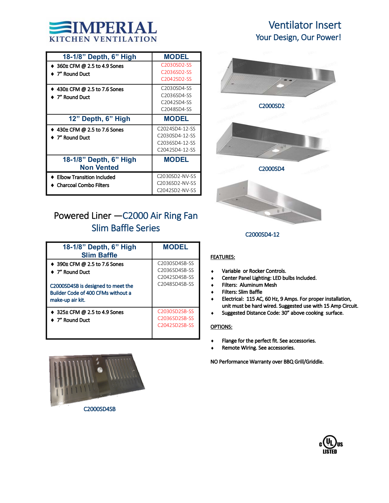 Imperial C2042SD2SS, C2036SD2SBSS Specifications