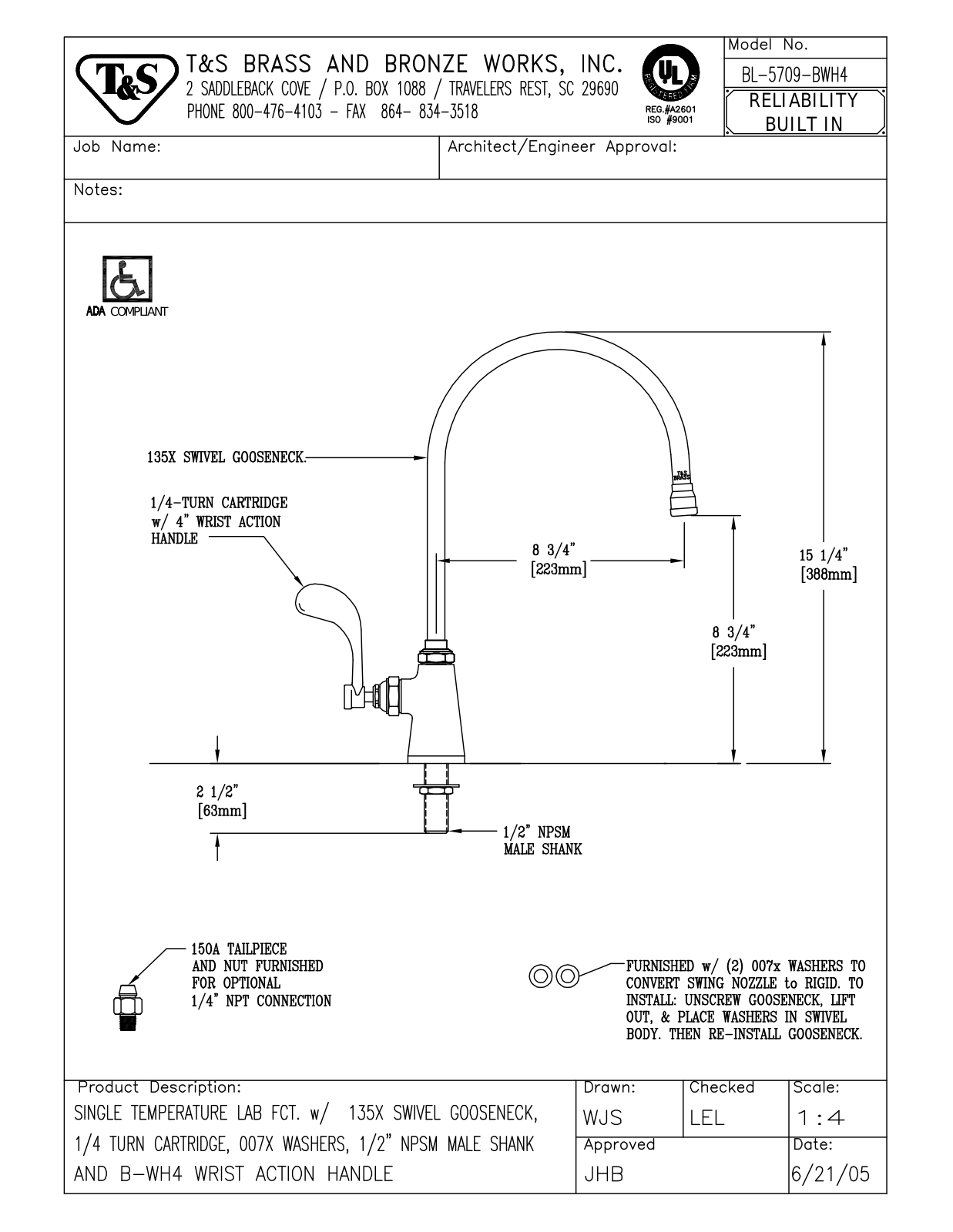 T&S Brass BL-5709-BWH4 User Manual