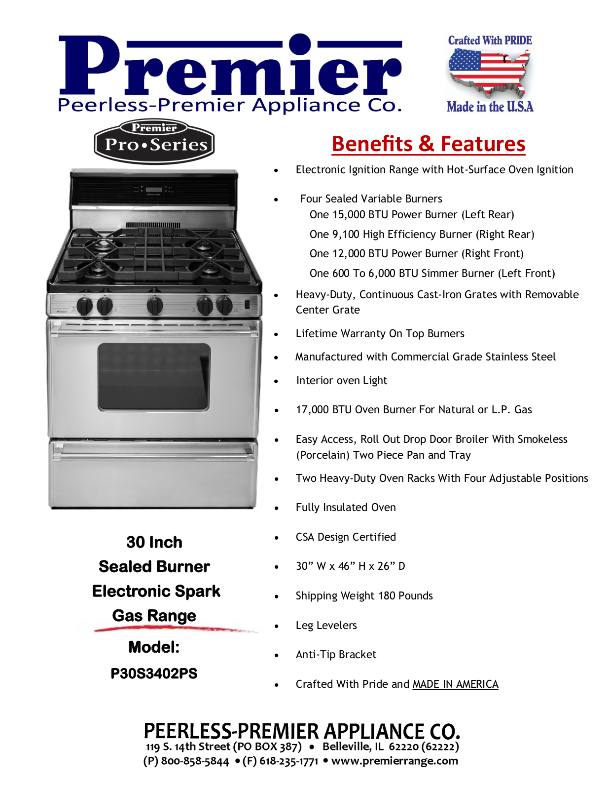 Premier P30S3402PS Specification Sheet - ManualMachine.com