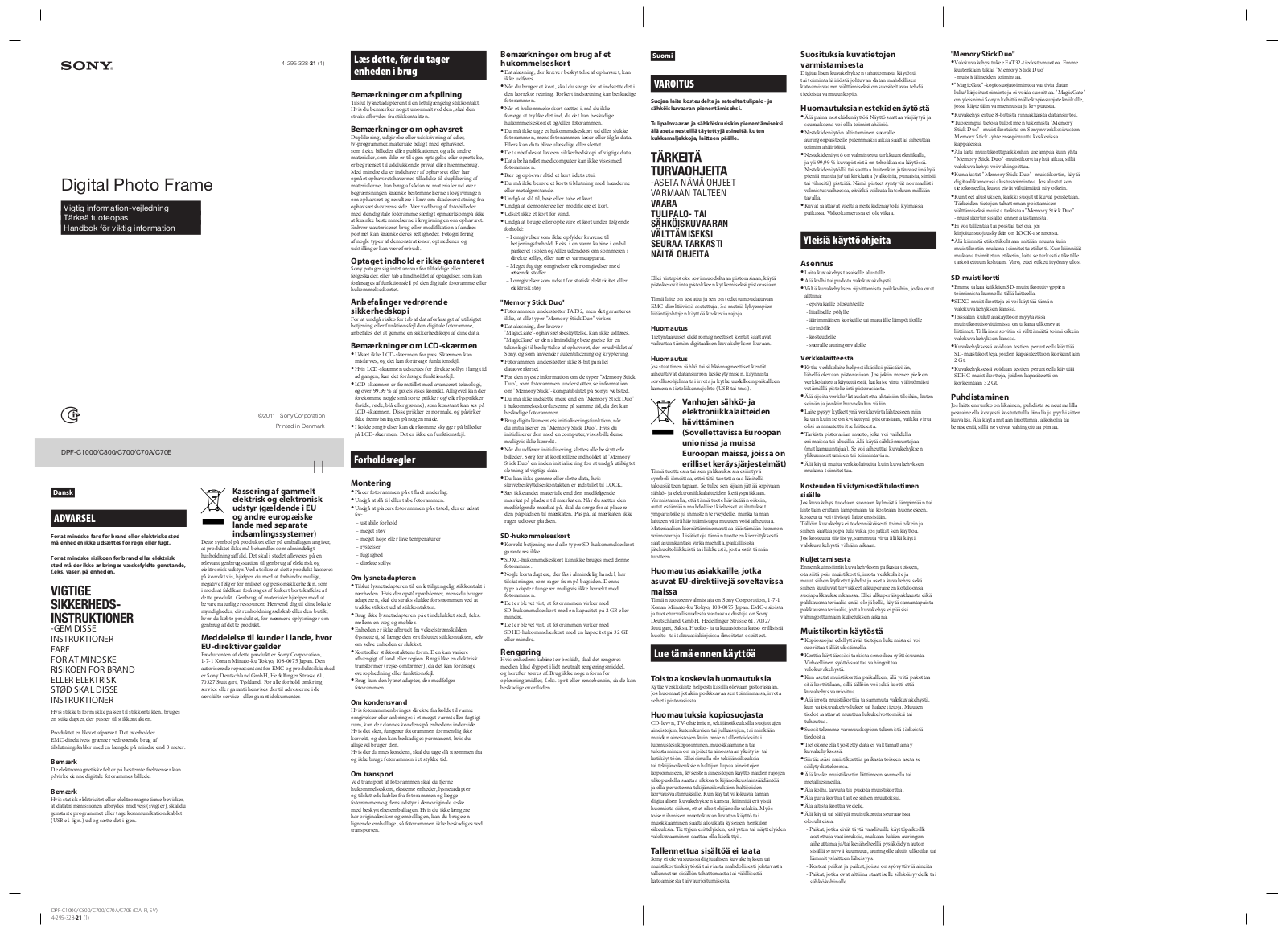 Sony DPF-C1000, DPF-C800, DPF-C700, DPF-C70A, DPF-C70E Installation guide