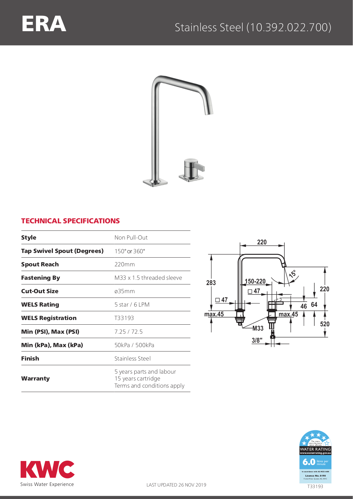 KWC 10392022700 Specifications Sheet