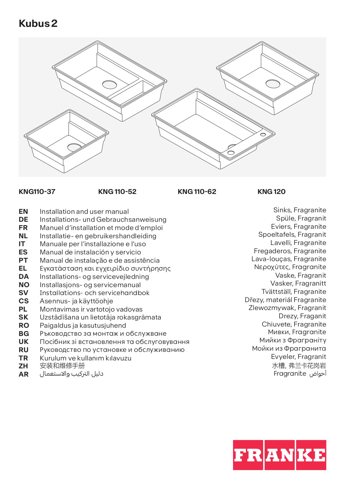 Franke KNG110-37, KNG 110-52, KNG 110-62, KNG 120 Installation/Assembly Instructions