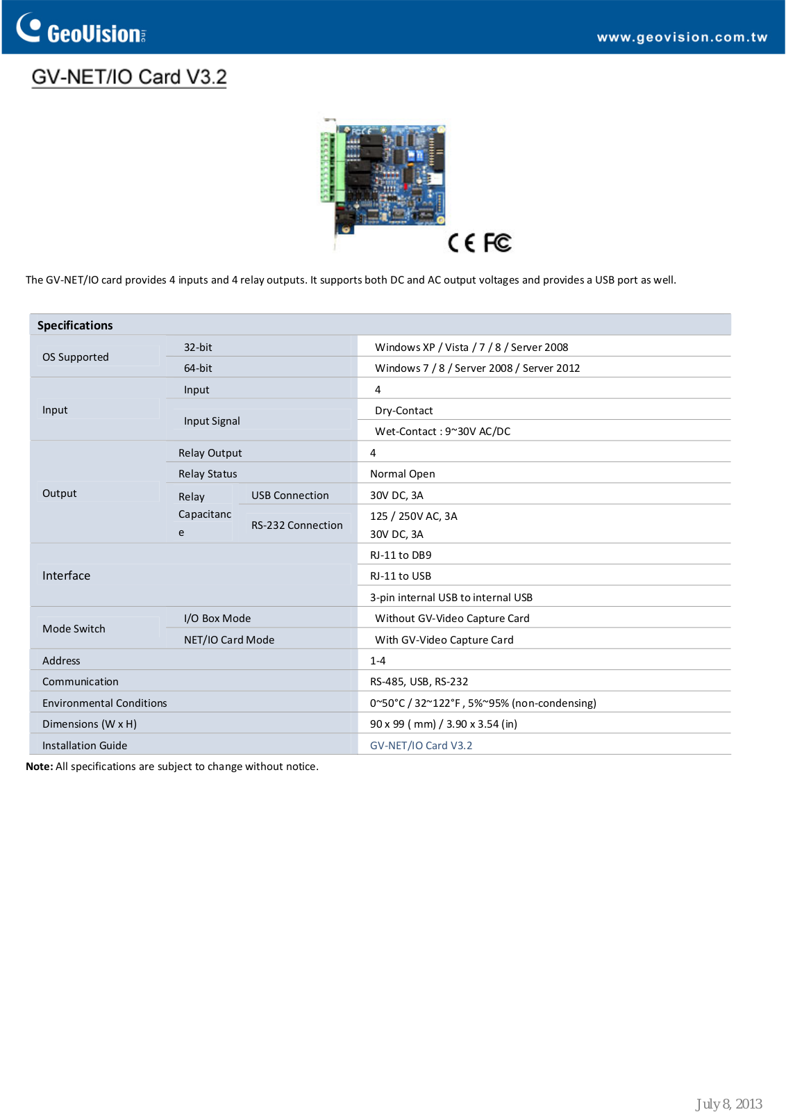 Geovision GV-Net-IO-Card Specsheet