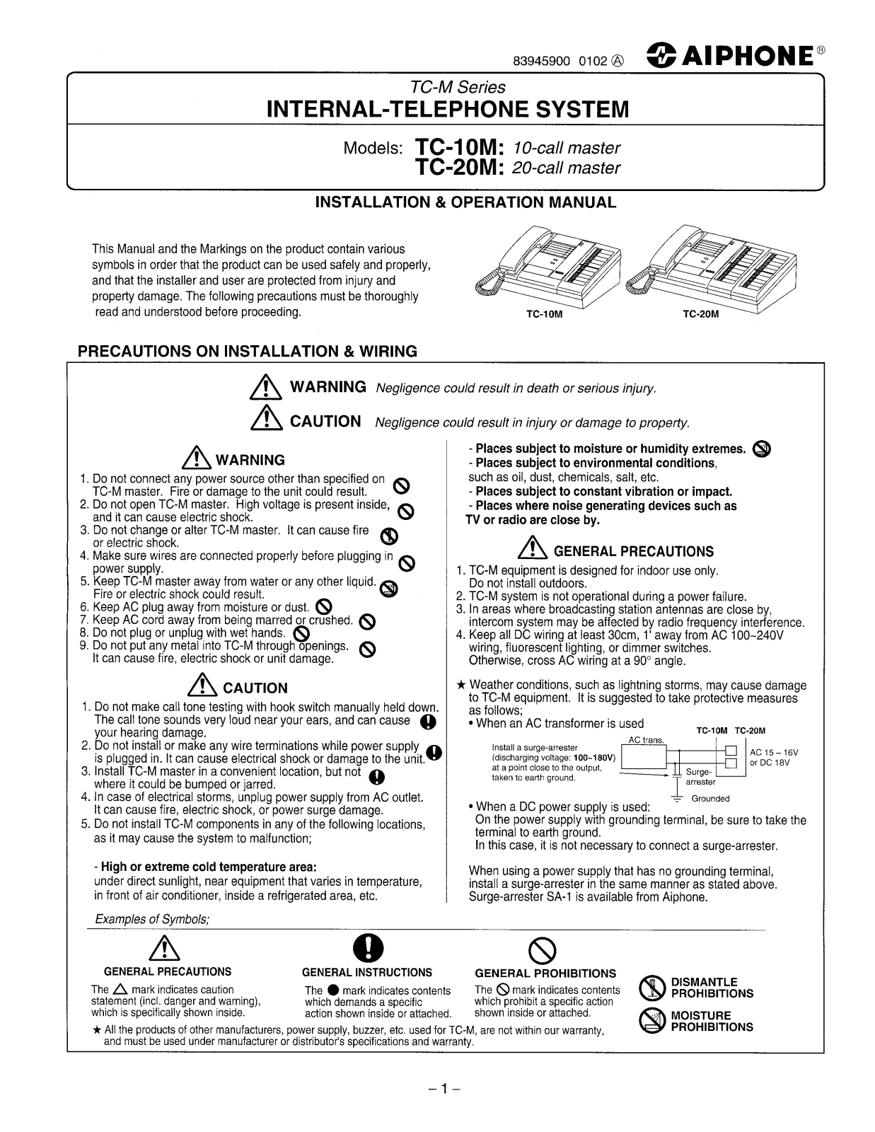 Aiphone TC-M INSTALLATION INSTRUCTIONS