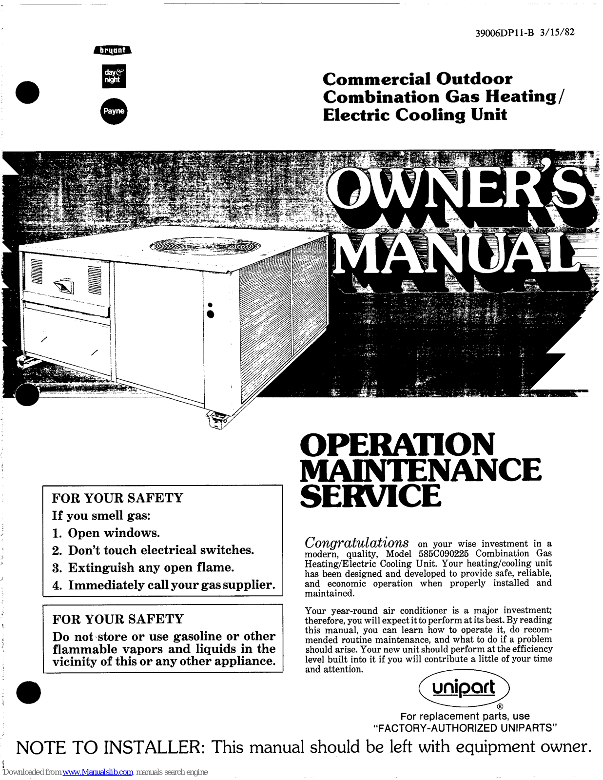 Bryant COMMERCIAL OUTDOOR COMBINATION GAS HEATING/ELECTRIC COOLING UNIT 39006DP11-B Owner's Manual