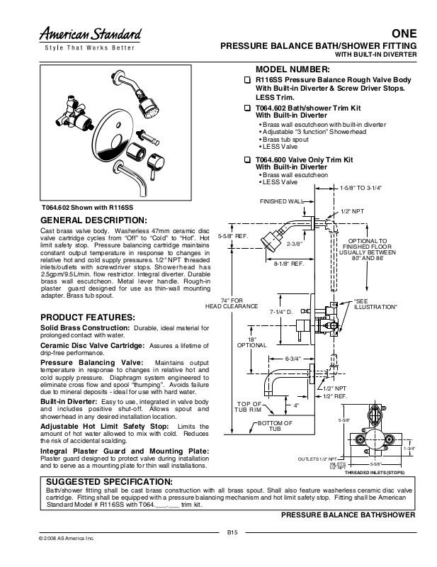 American Standard T064.602, T064.600, R116SS User Manual