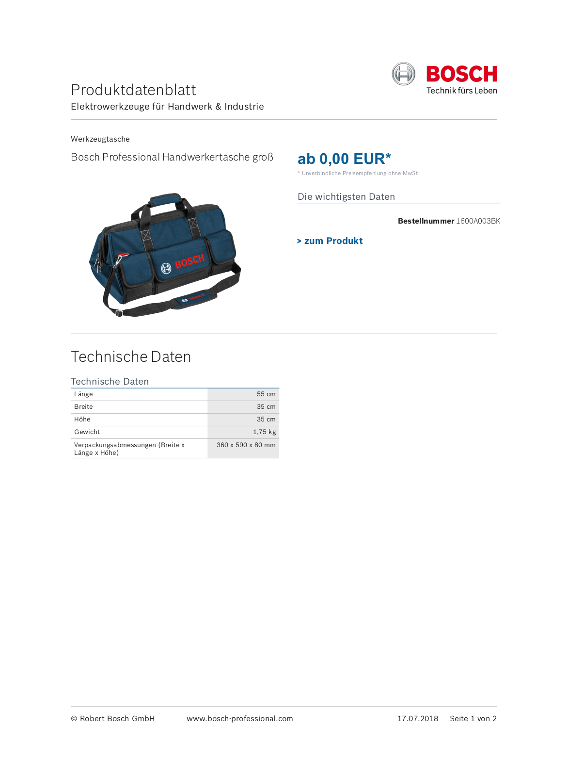 Bosch Tool Bag L Toolbag User Manual