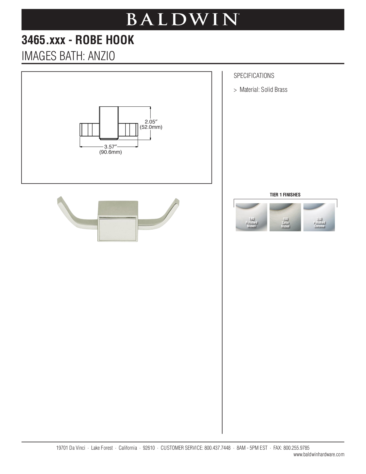 Baldwin Anzio Robe Hook User Manual