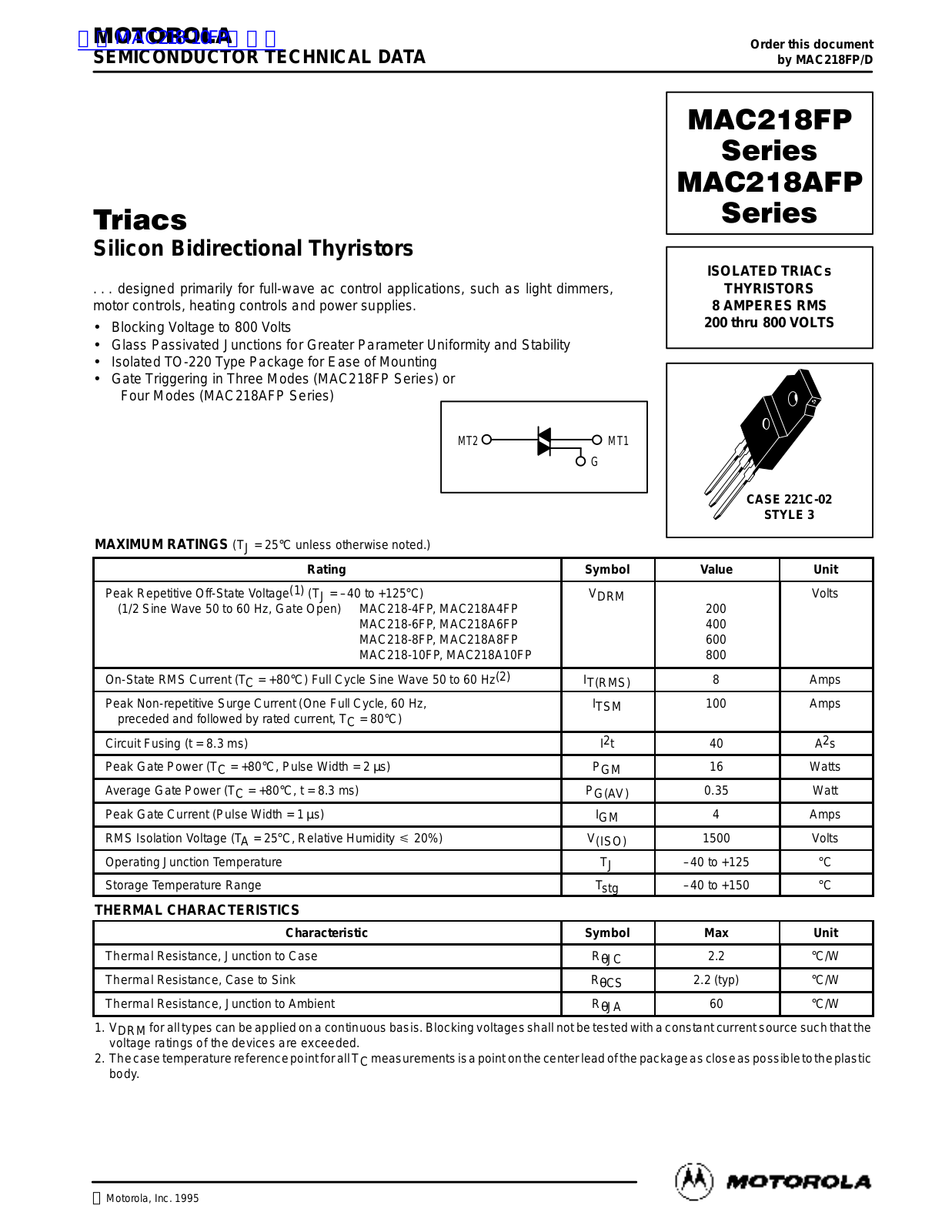 MOTOROLA MAC218FP Technical data