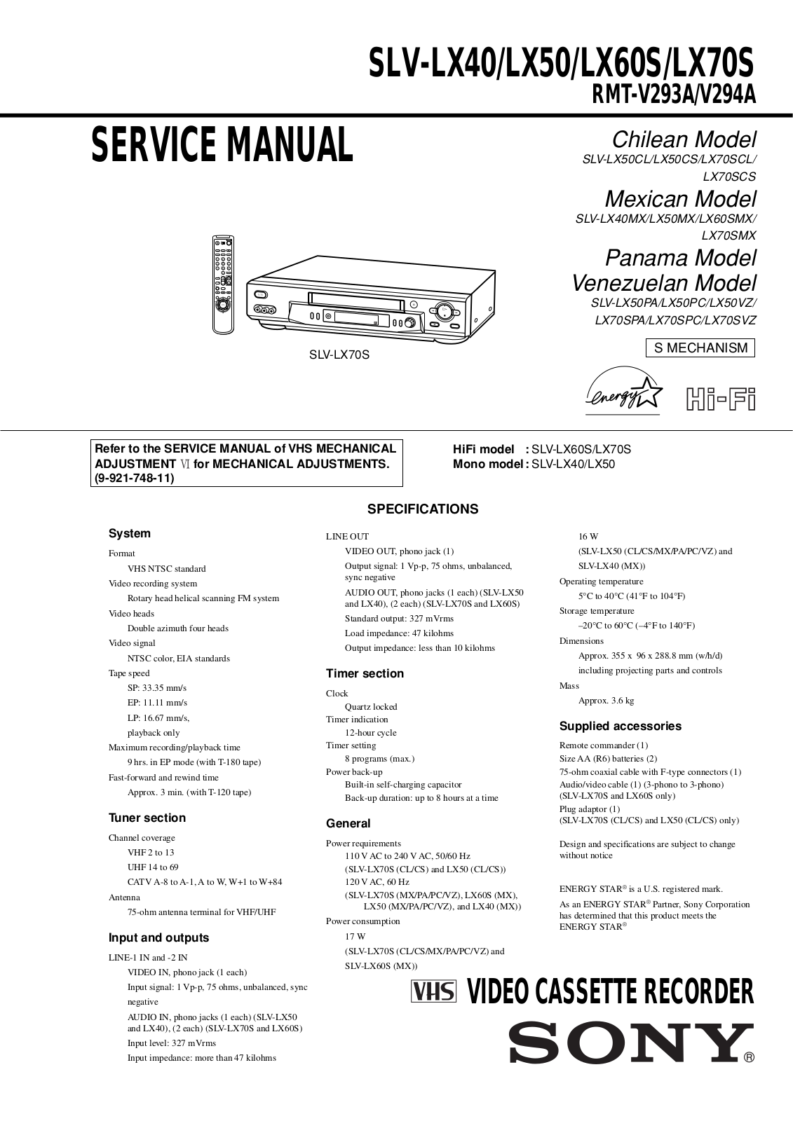 SONY SLV-LX40, SLV-LX50, SLV-LX60 Service Manual