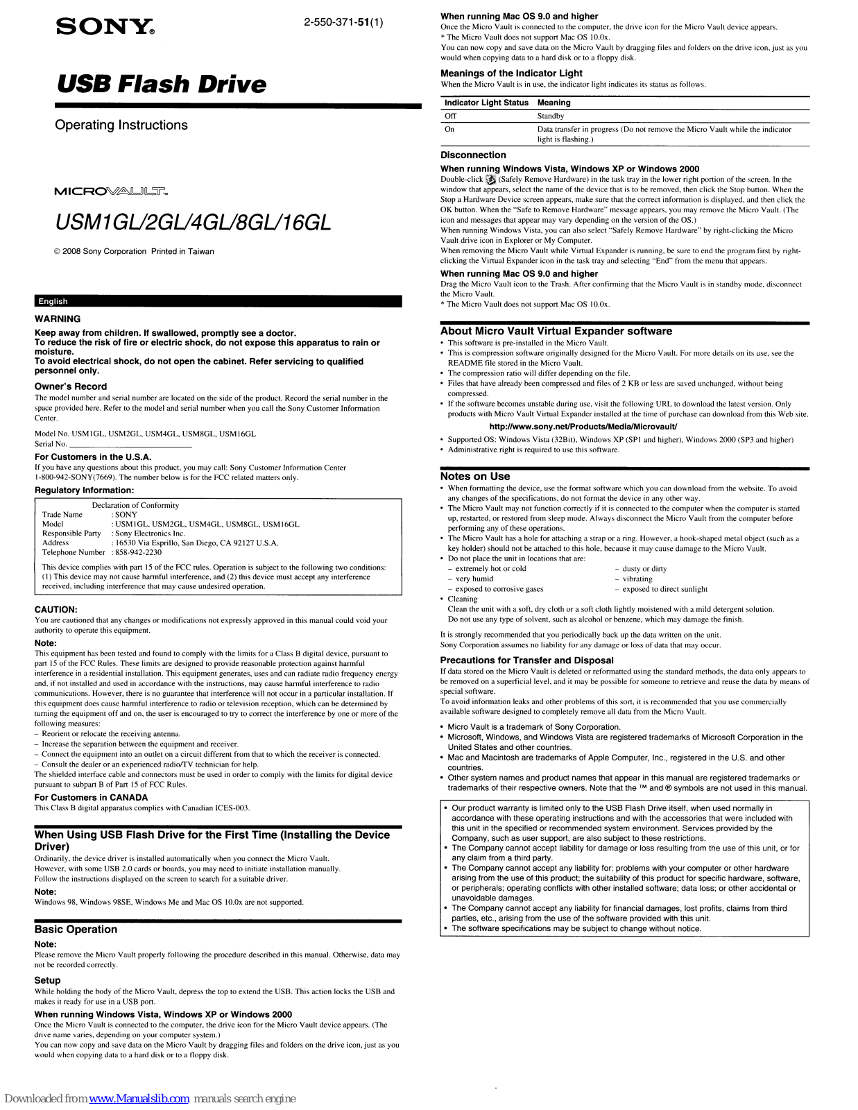 Sony Microvault USM1GL, Microvault USM4GL, Microvault USM2GL, Microvault USM8GL, Microvault USM16GL Operating Instructions Manual - ManualMachine.com