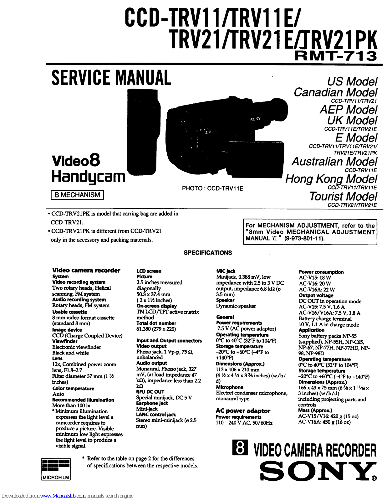 Sony Handycam CCD-TRV21E, Handycam CCD-TRV11E, Handycam CCD-TRV21PK, Handycam CCD-TRV119, Handycam CCD-TRV21 Service Manual - ManualMachine.com