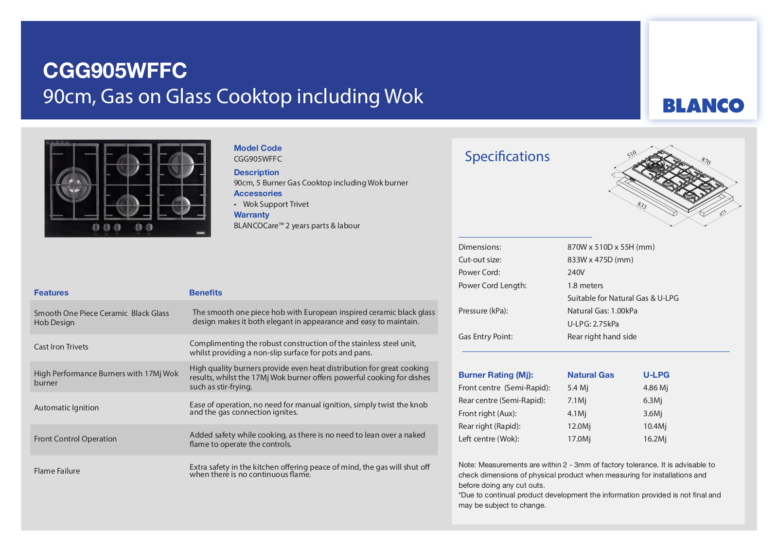 Blanco CGG905WFFC Specifications Sheet