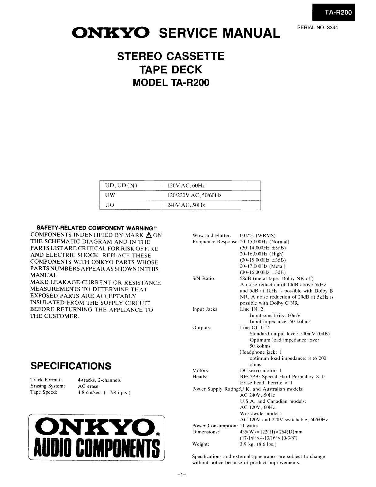 Onkyo TAR-200 Service manual