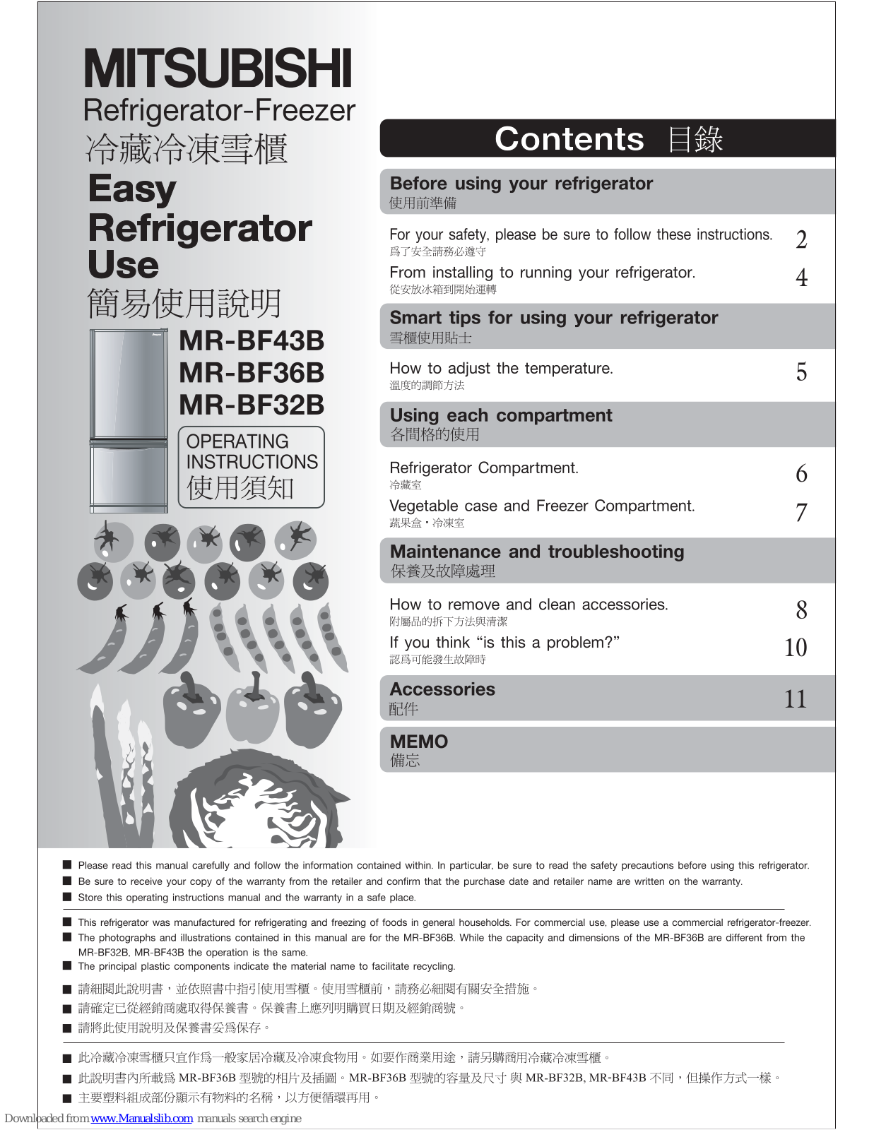 Mitsubishi MR-BF36B, MR-BF32B Operating Instructions Manual