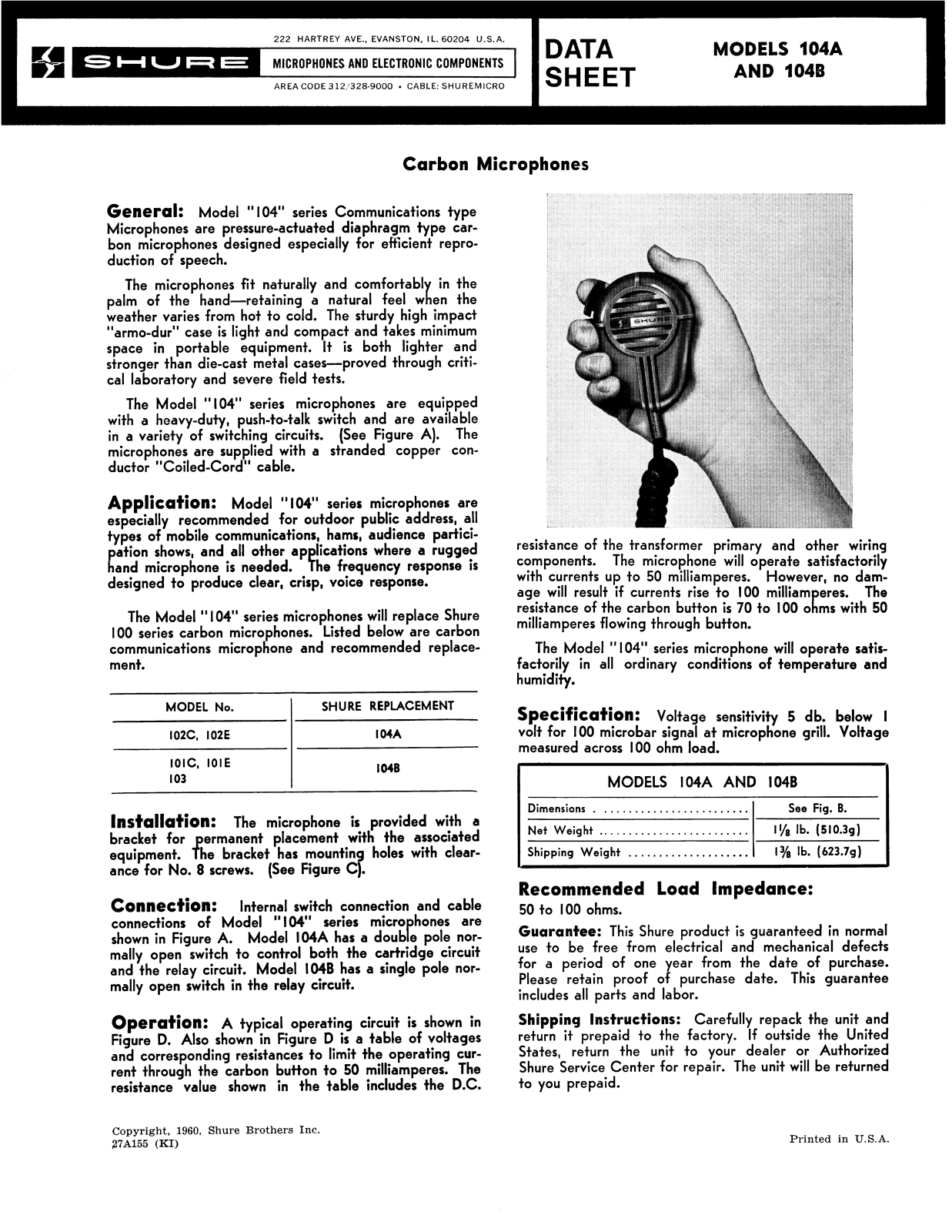 Shure 104A, 104B User Guide