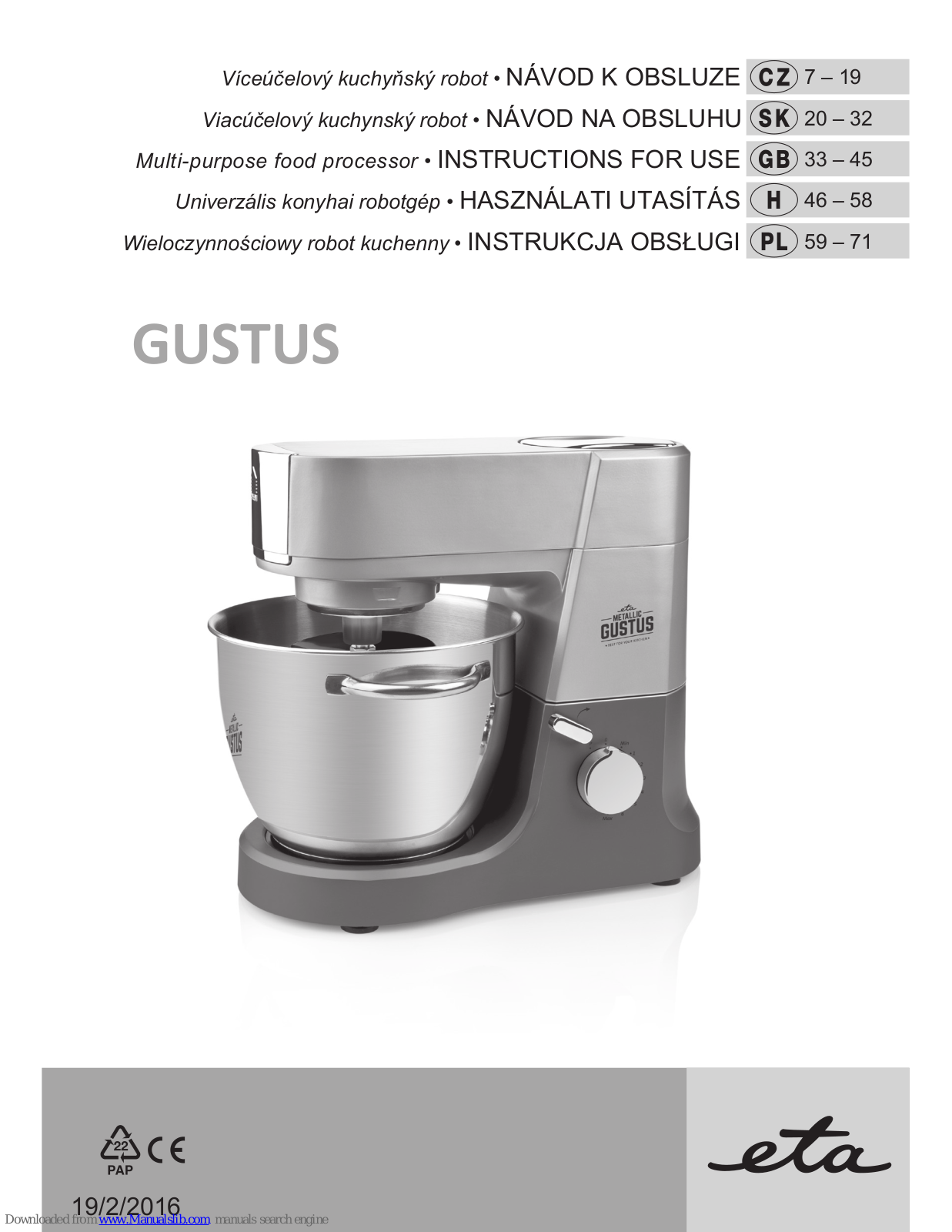 GUSTUS ETA Instructions For Use Manual