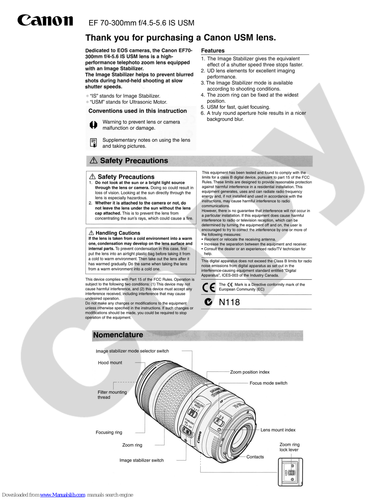 Canon EF 70-300mm f/4.5-5.6 IS USM, K-34367-02 - EF 70-300mm f/4-5.6 IS USM AF Lens Product Manual