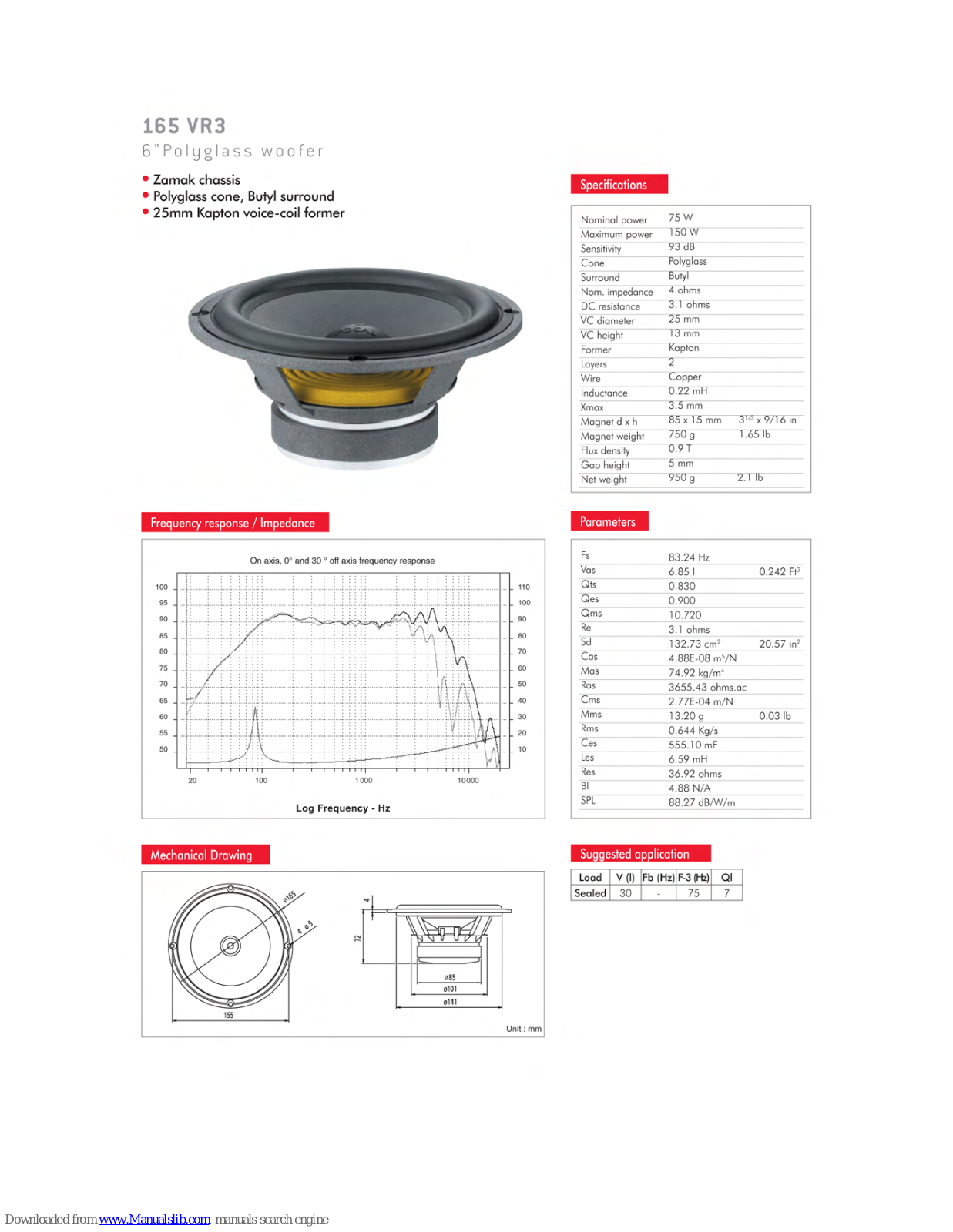 Focal Polyglass 165 VR3, Polyglass 100 V Slim Specification Sheet - ManualMachine.com