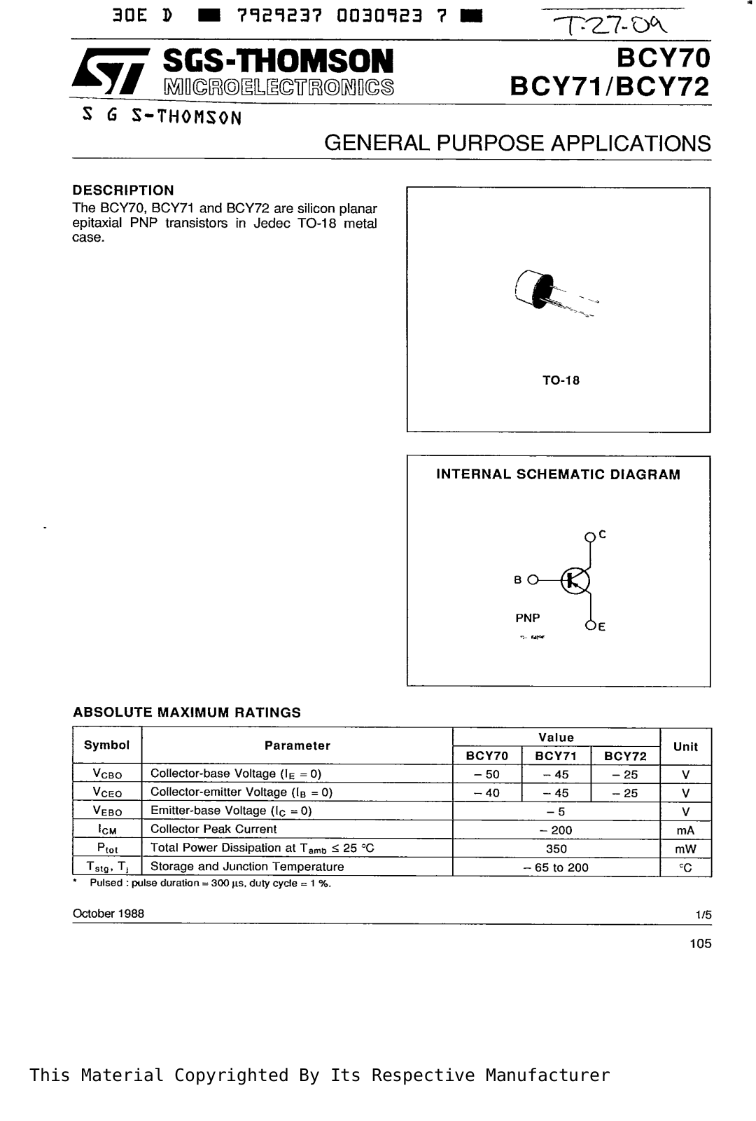 SGS Thomson Microelectronics BCY70 Datasheet