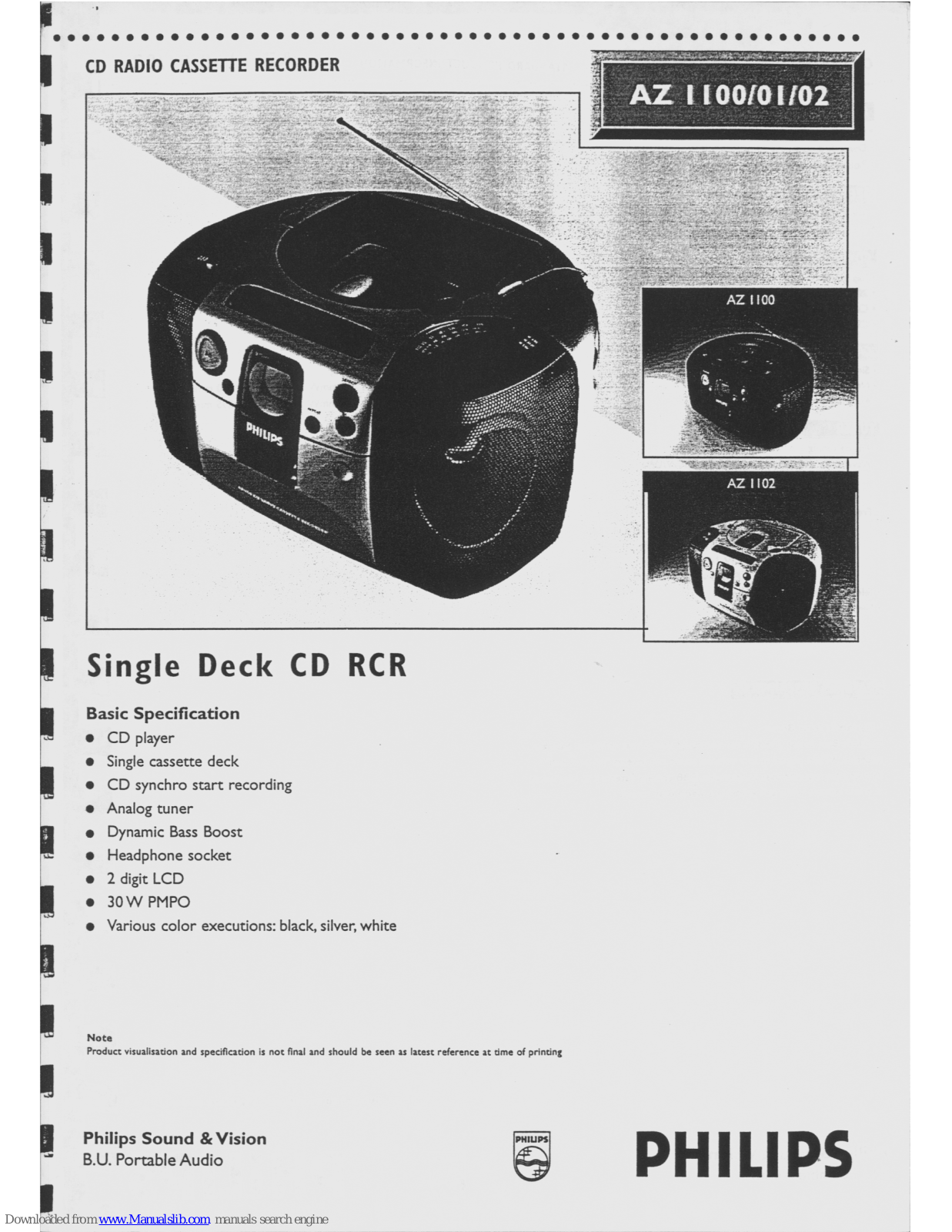 Philips AZ1100, AZ1101, AZ1102, AZ1108, AZ1109 Specification Sheet