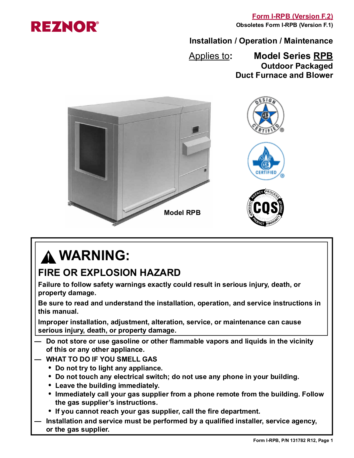 Reznor RPB User Manual