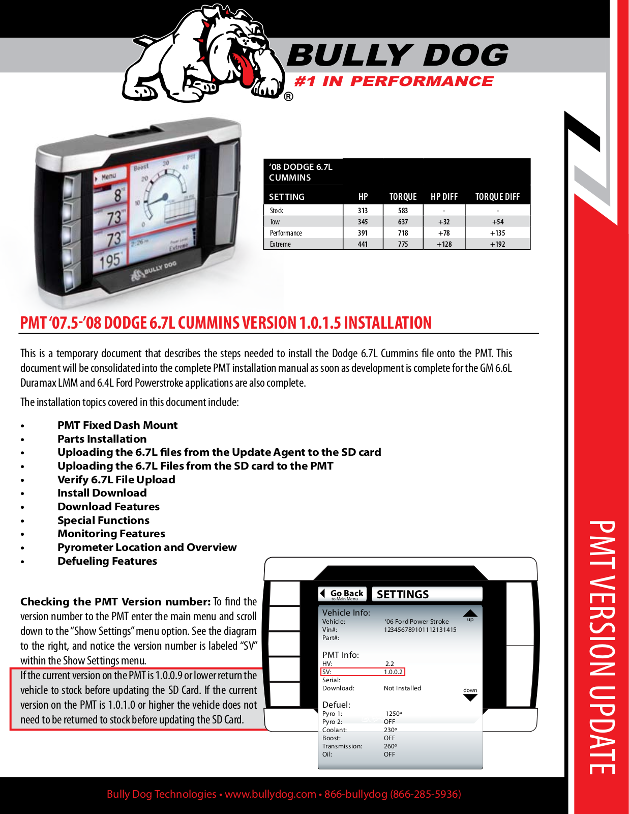 Bully Dog PMT 07.5-08 Dodge 6.7L Cummins User Manual