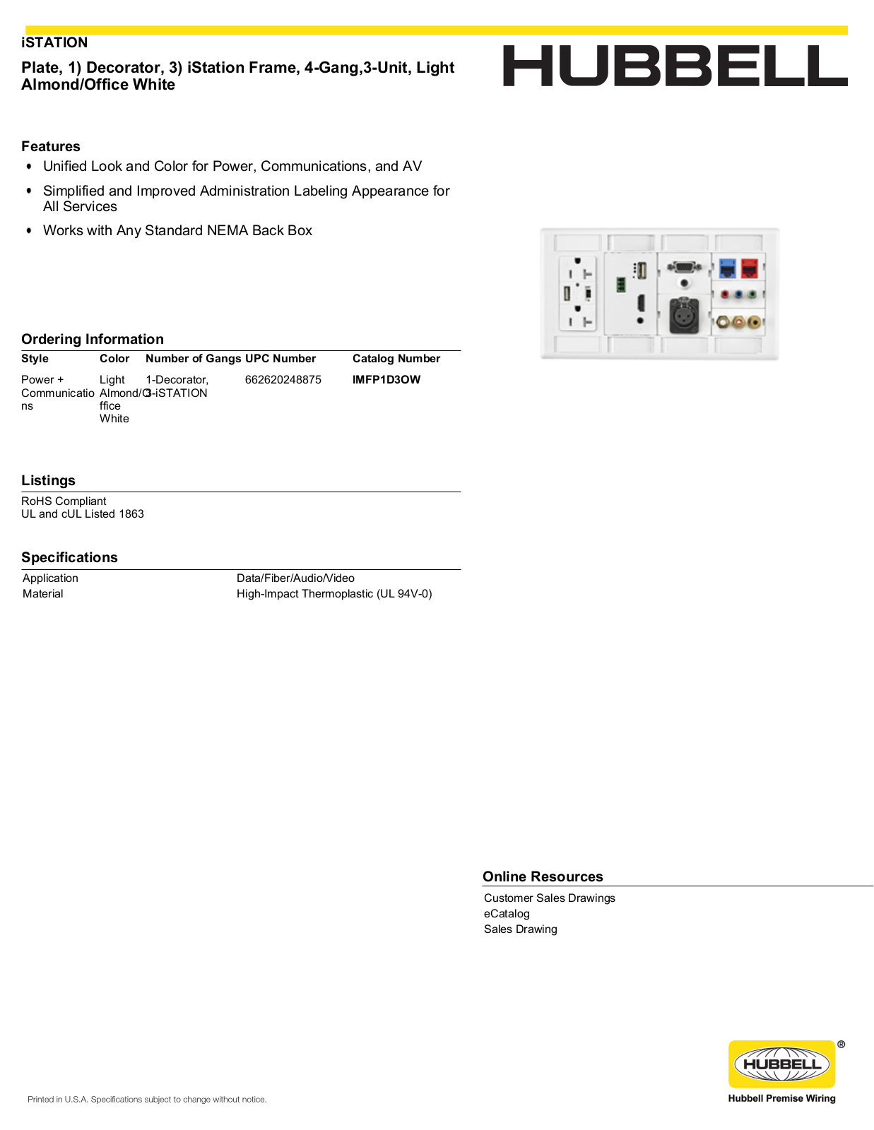 Hubbell IMFP1D3OW Specifications