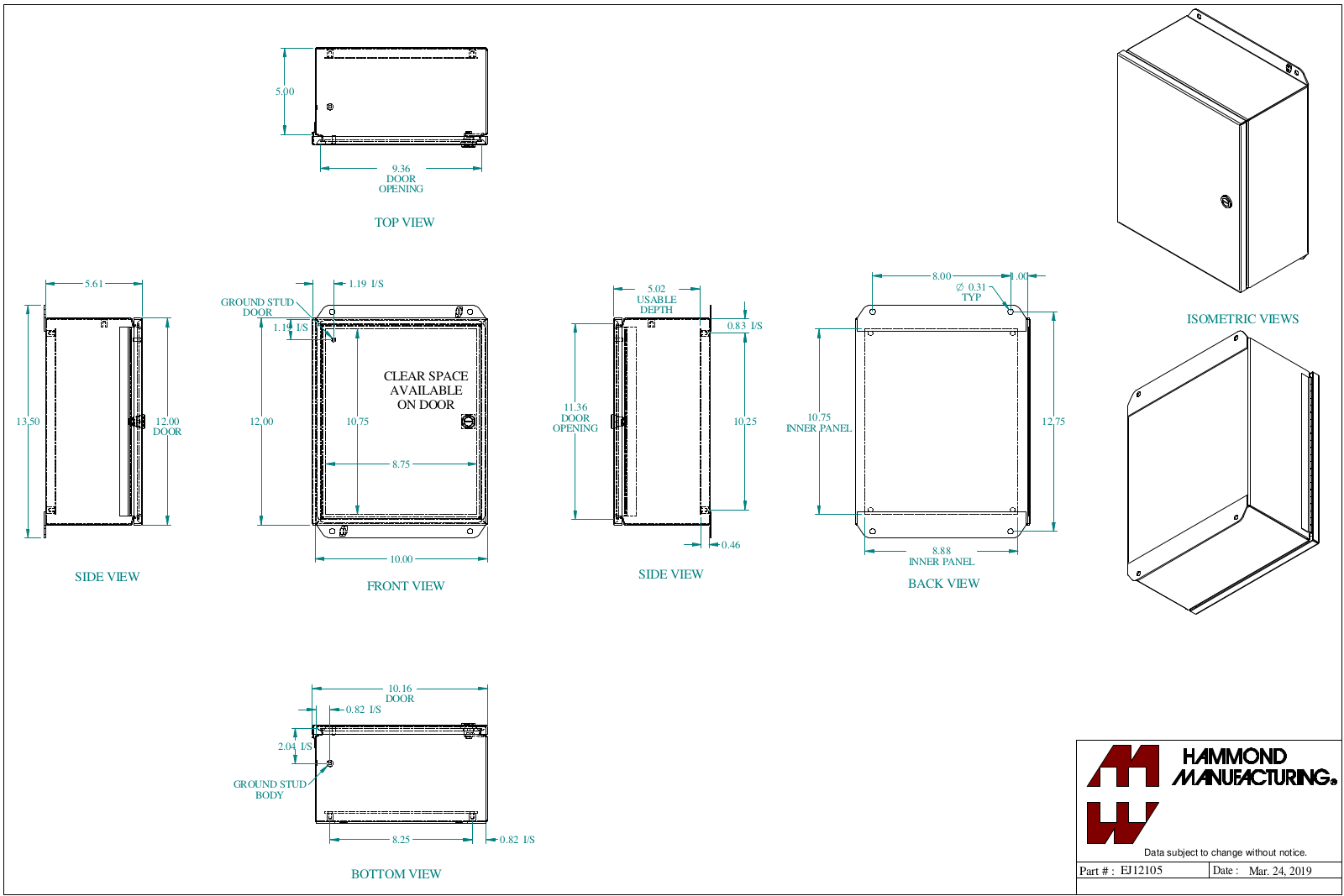 Hammond Manufacturing EJ12105 technical drawings