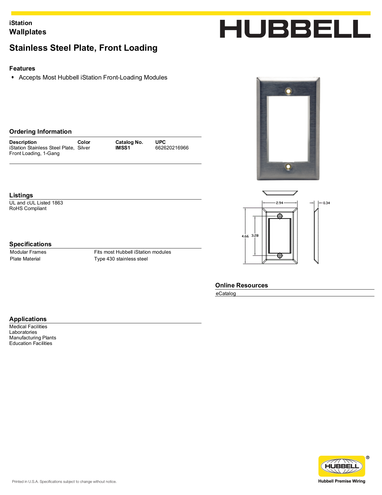 Hubbell IMSS1 Specifications - ManualMachine.com