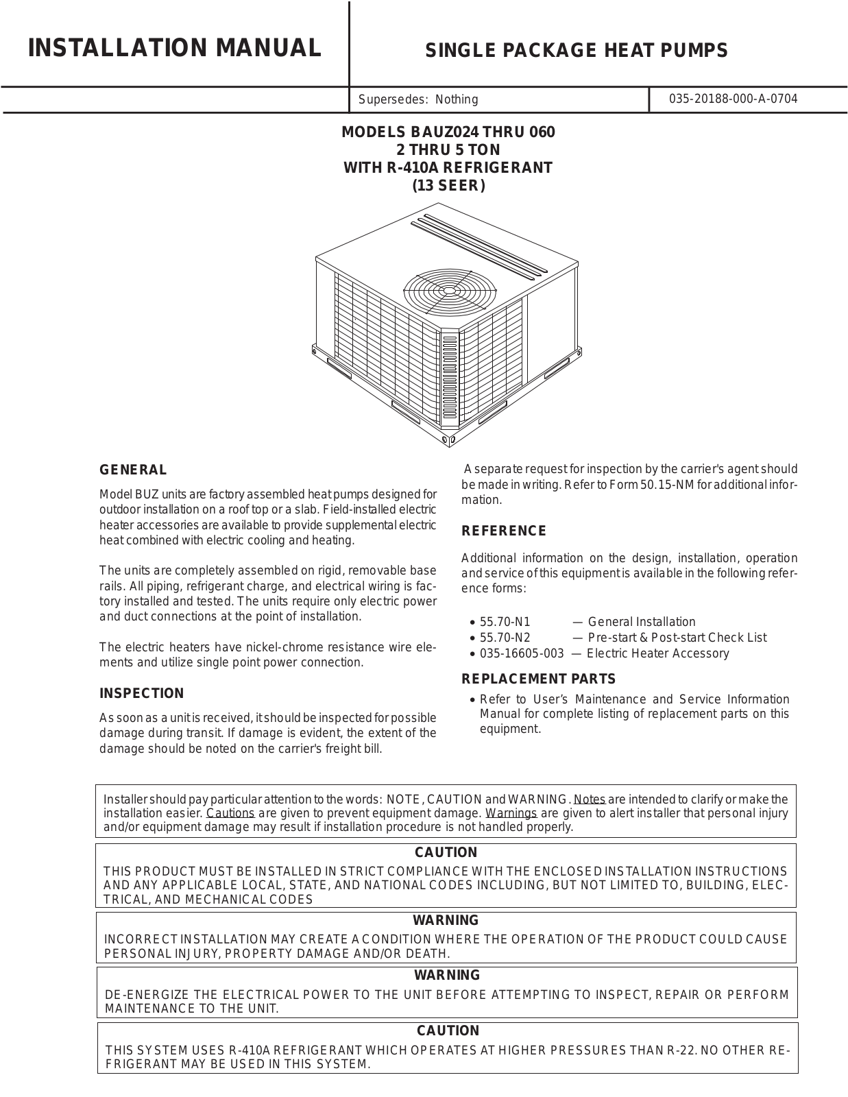 Unitary products group BAUZ Series, BAUZ024, BAUZ030, BAUZ036, BAUZ042 Installation Manual