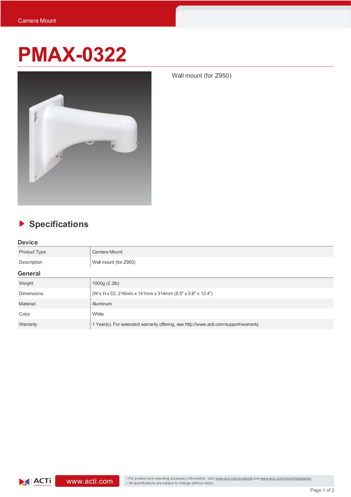 ACTi PMAX-0322 Specsheet