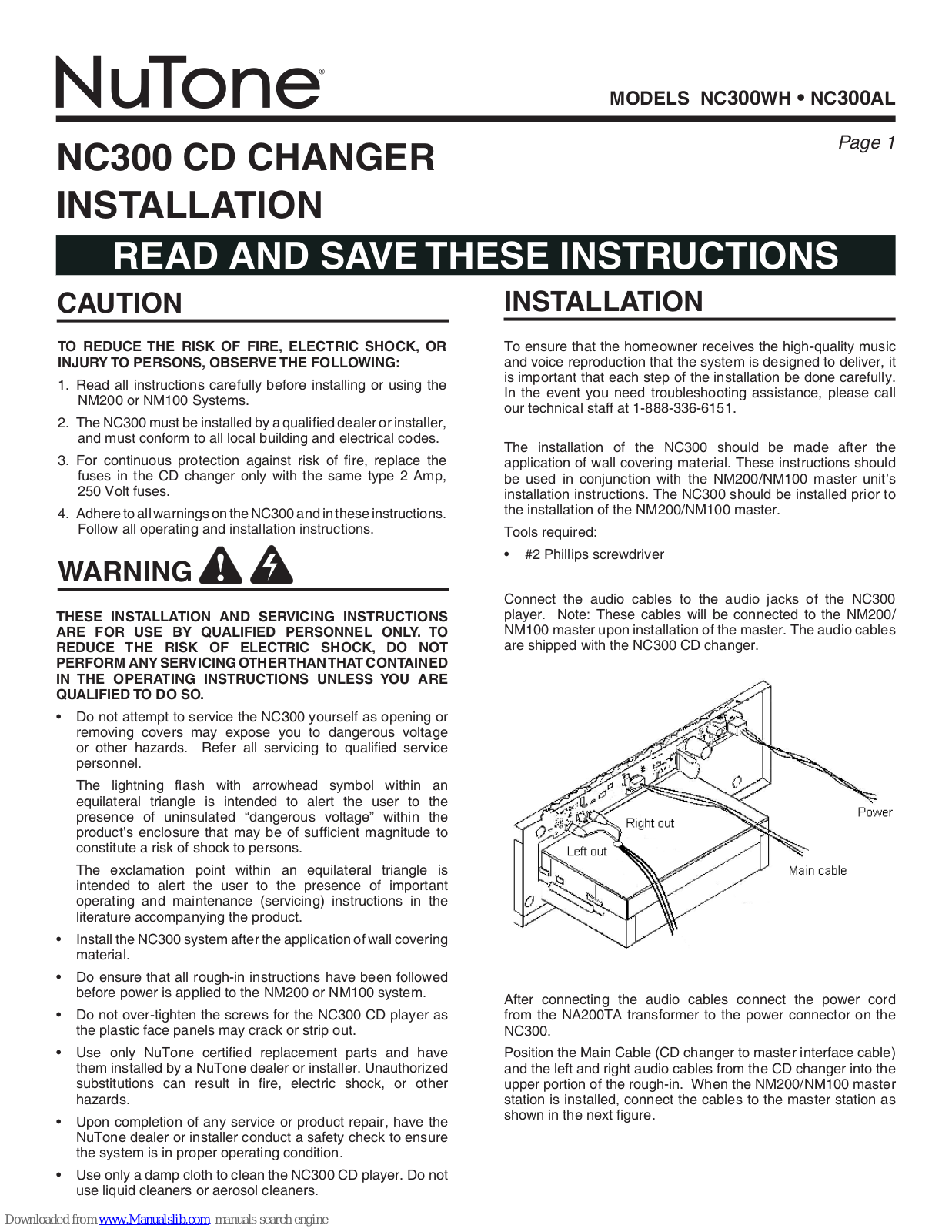 NuTone NC300WH Installation Instructions Manual