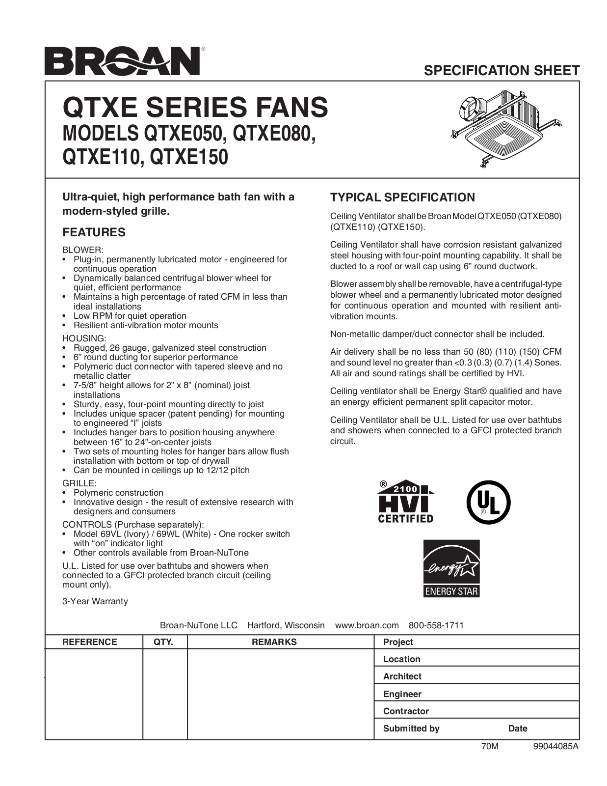 Broan QTXE150, QTXE080, QTXE110, QTXE050 User Manual