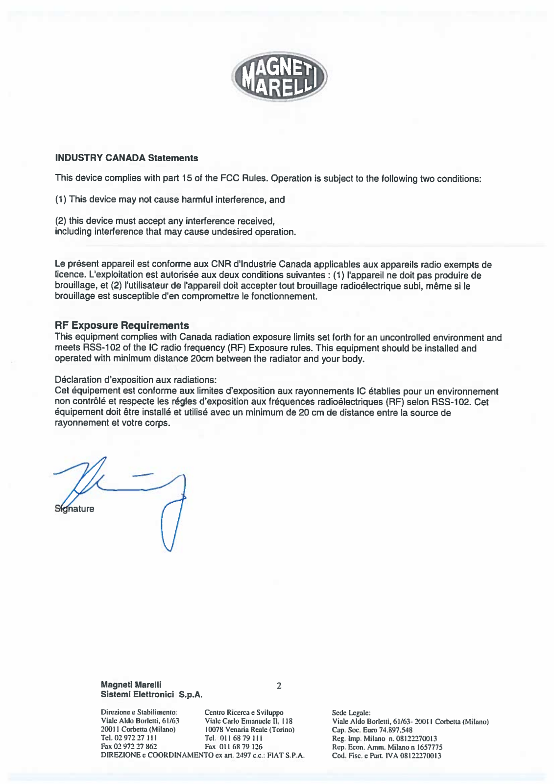 Magneti Marelli S p A GRG2501 Warning Statements letter