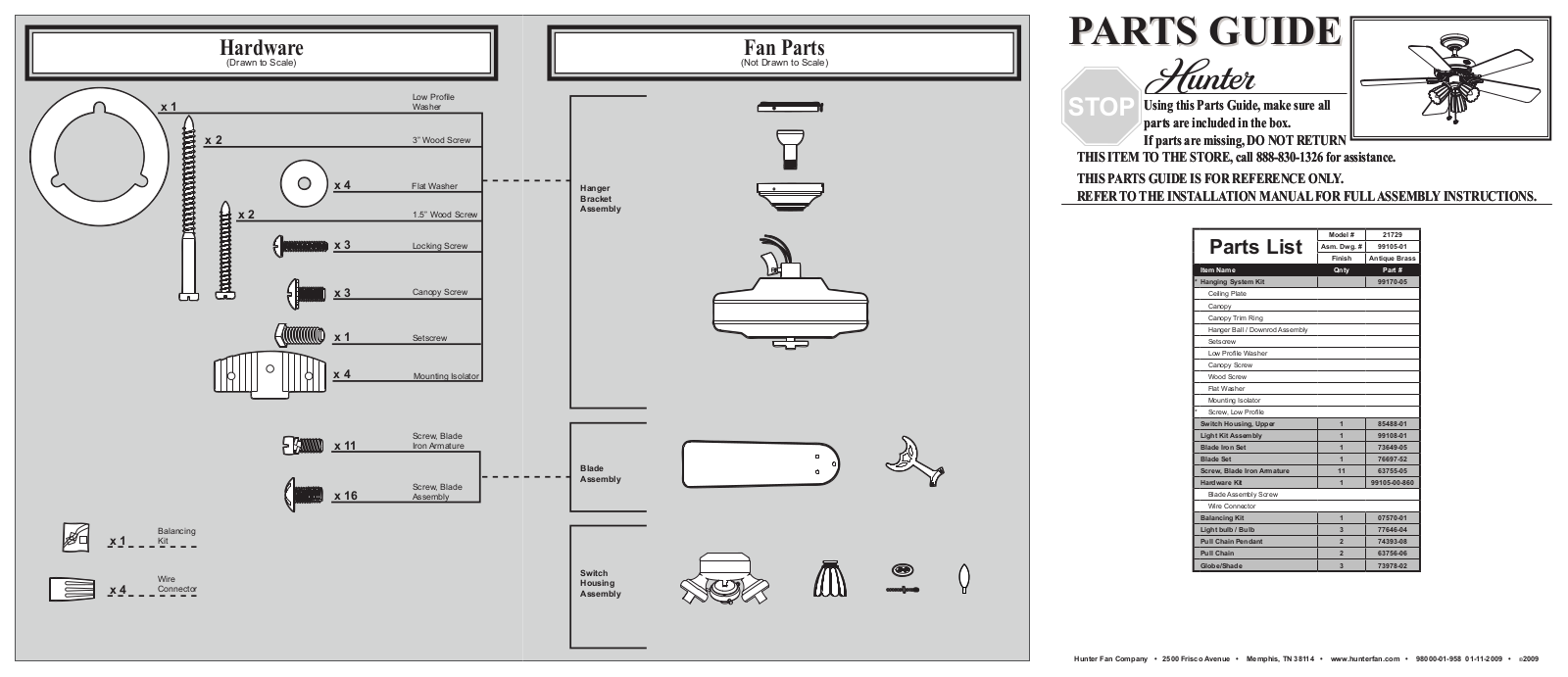 Hunter 21729 Parts Guide