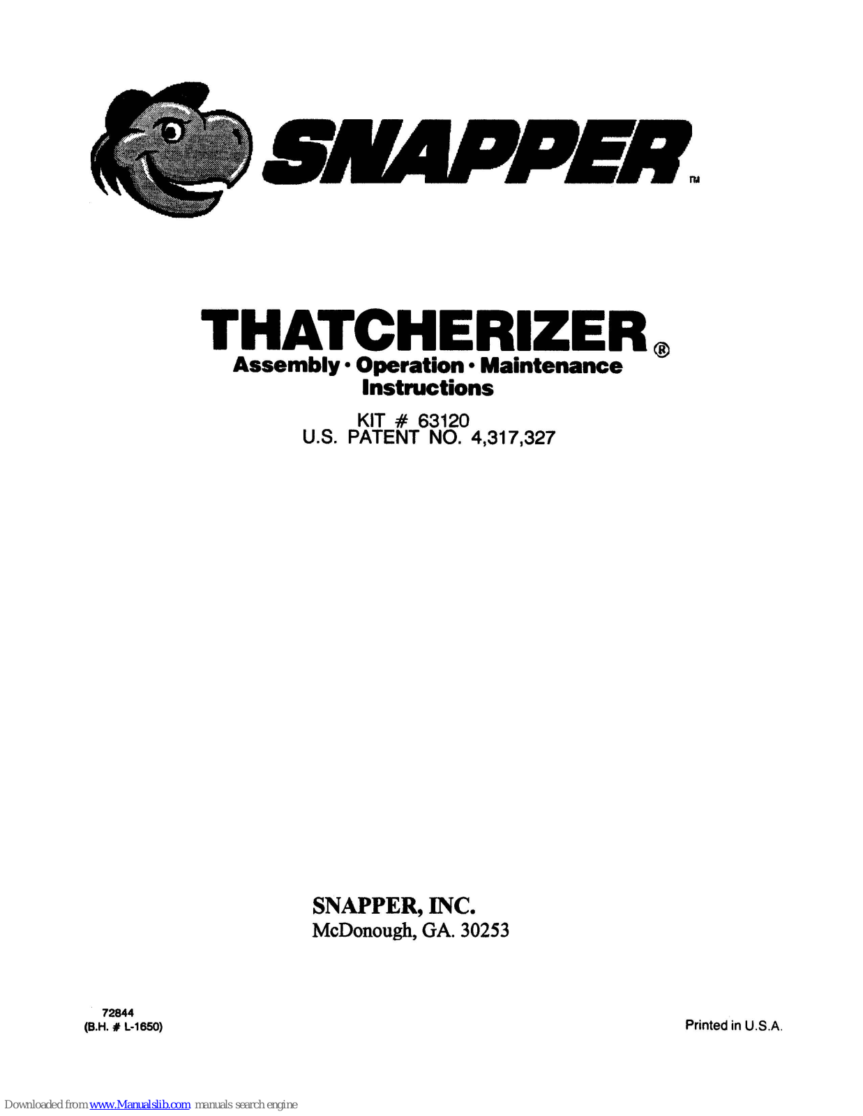 Snapper Thatcherizer 63120 Operating & Maintenance Instructions